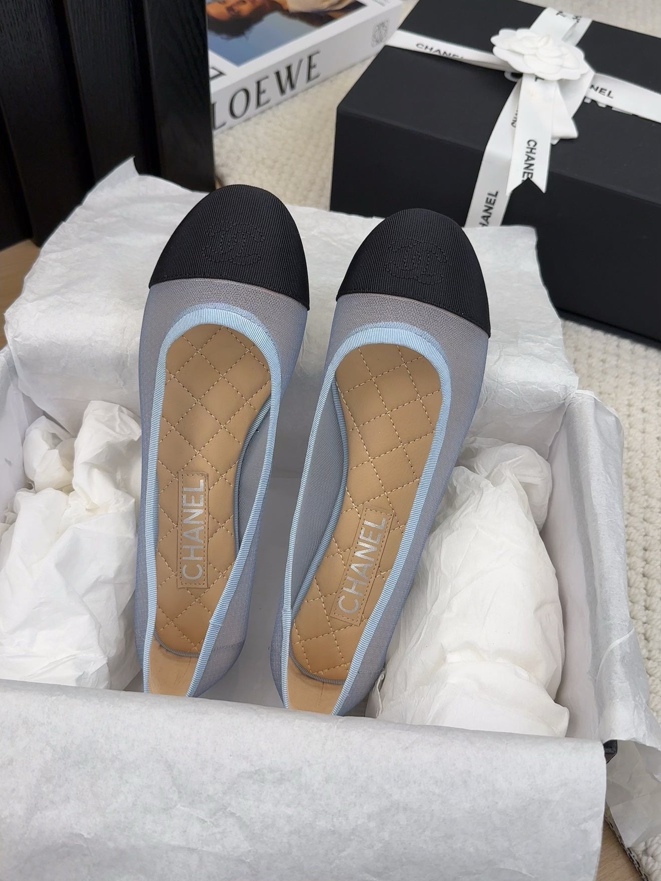BALLET FLAT IN BLACK FABRIC AND BABY BLUE MESH - 34