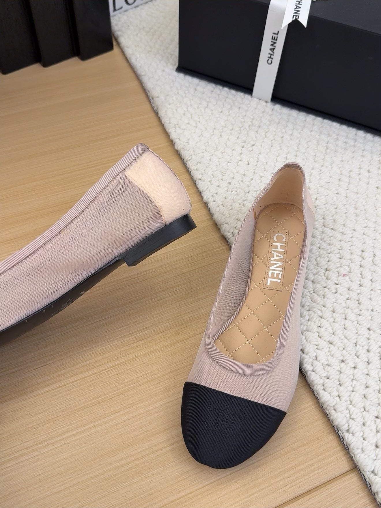BALLET FLAT IN BLACK FABRIC AND PASTEL PINK MESH - 34