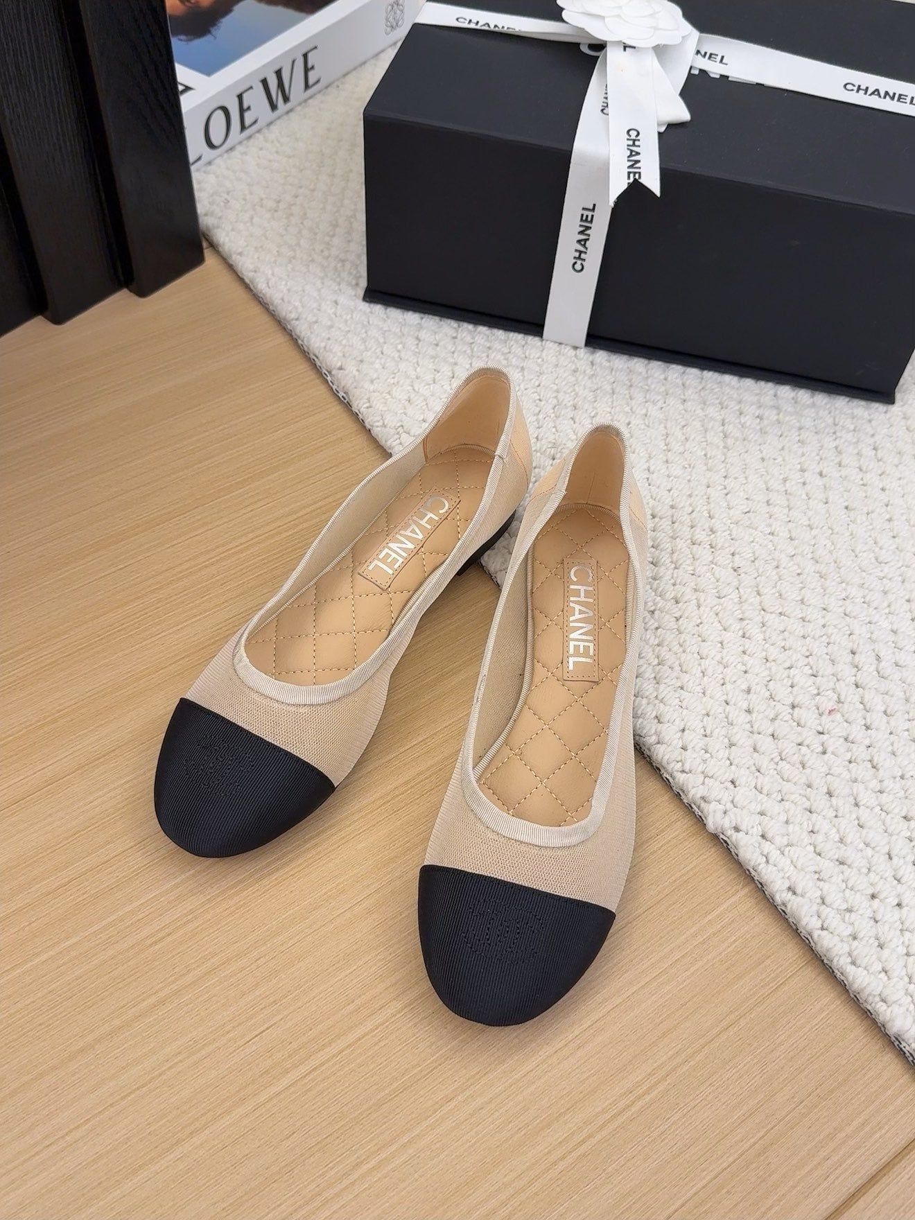 BALLET FLAT IN BLACK FABRIC AND BEIGE MESH - 34