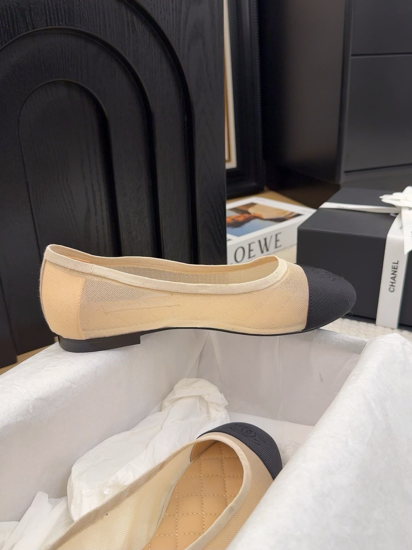 BALLET FLAT IN BLACK FABRIC AND BEIGE MESH - 34