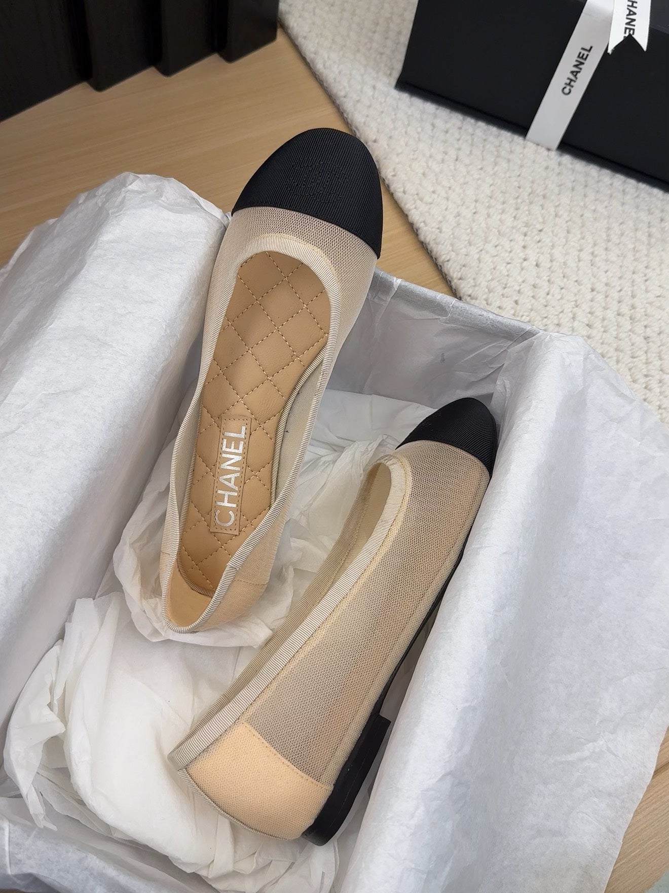 BALLET FLAT IN BLACK FABRIC AND BEIGE MESH - 34