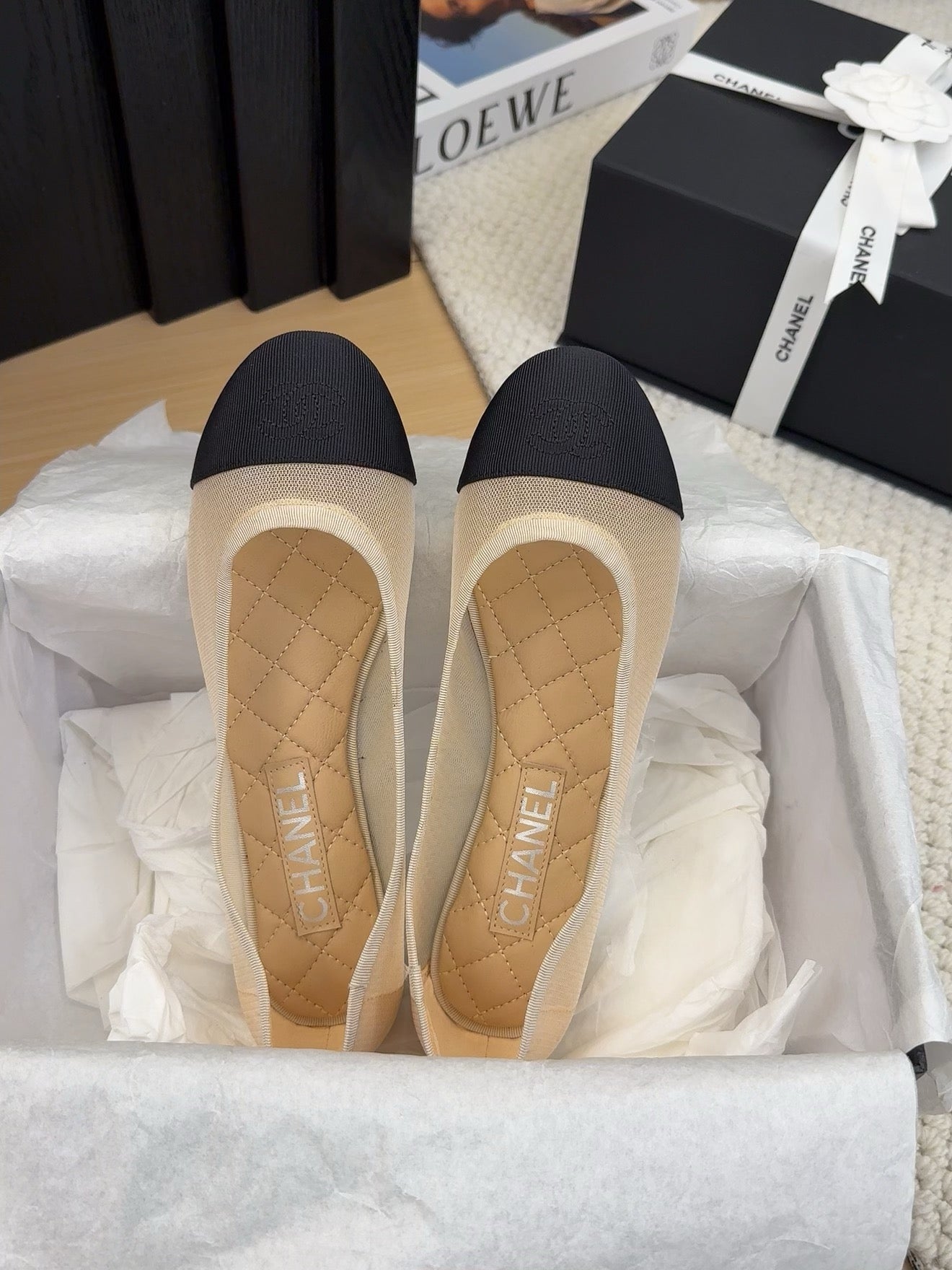 BALLET FLAT IN BLACK FABRIC AND BEIGE MESH - 34