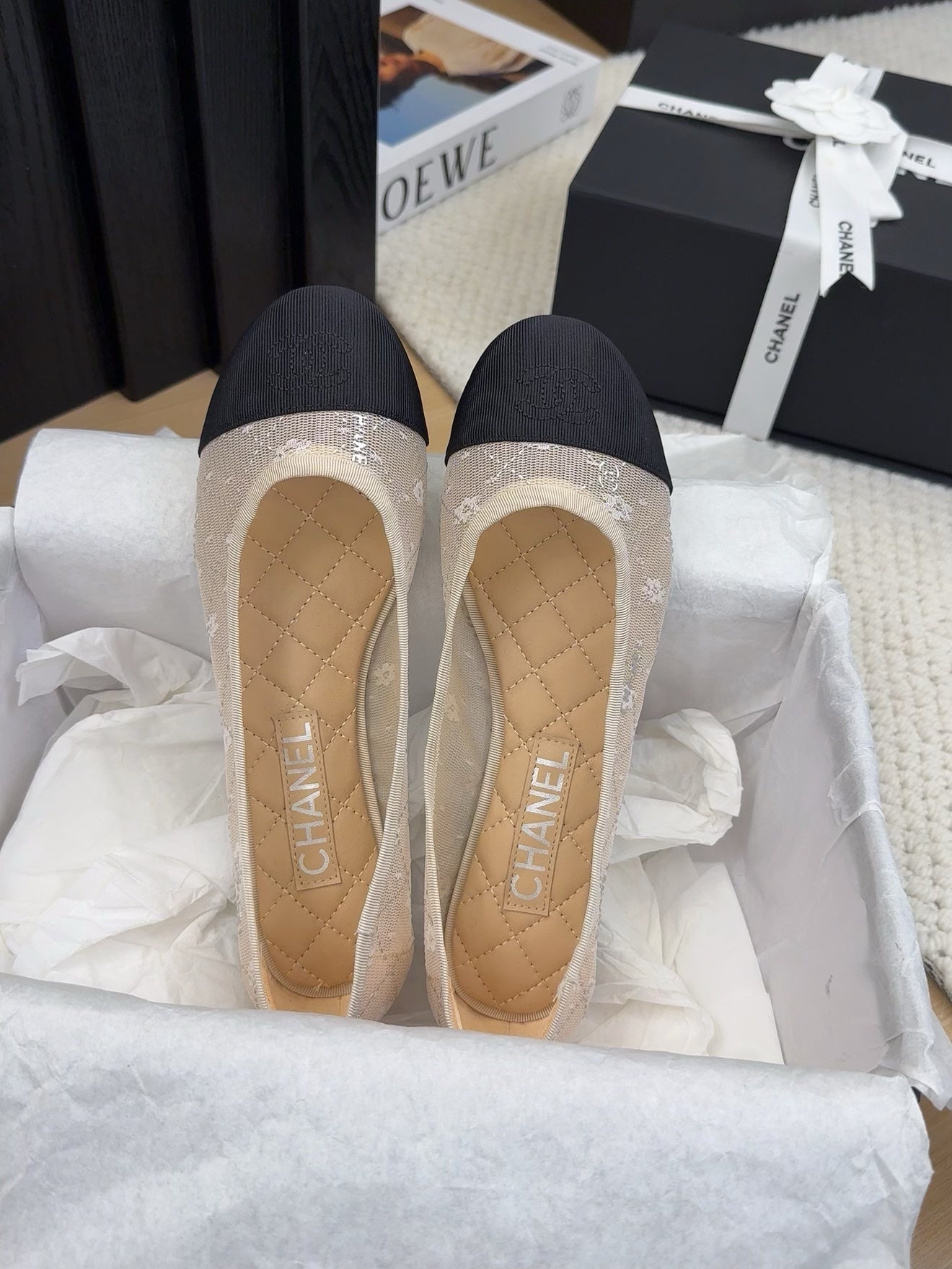 BALLET FLAT IN BLACK FABRIC AND WHITE MESH - 34