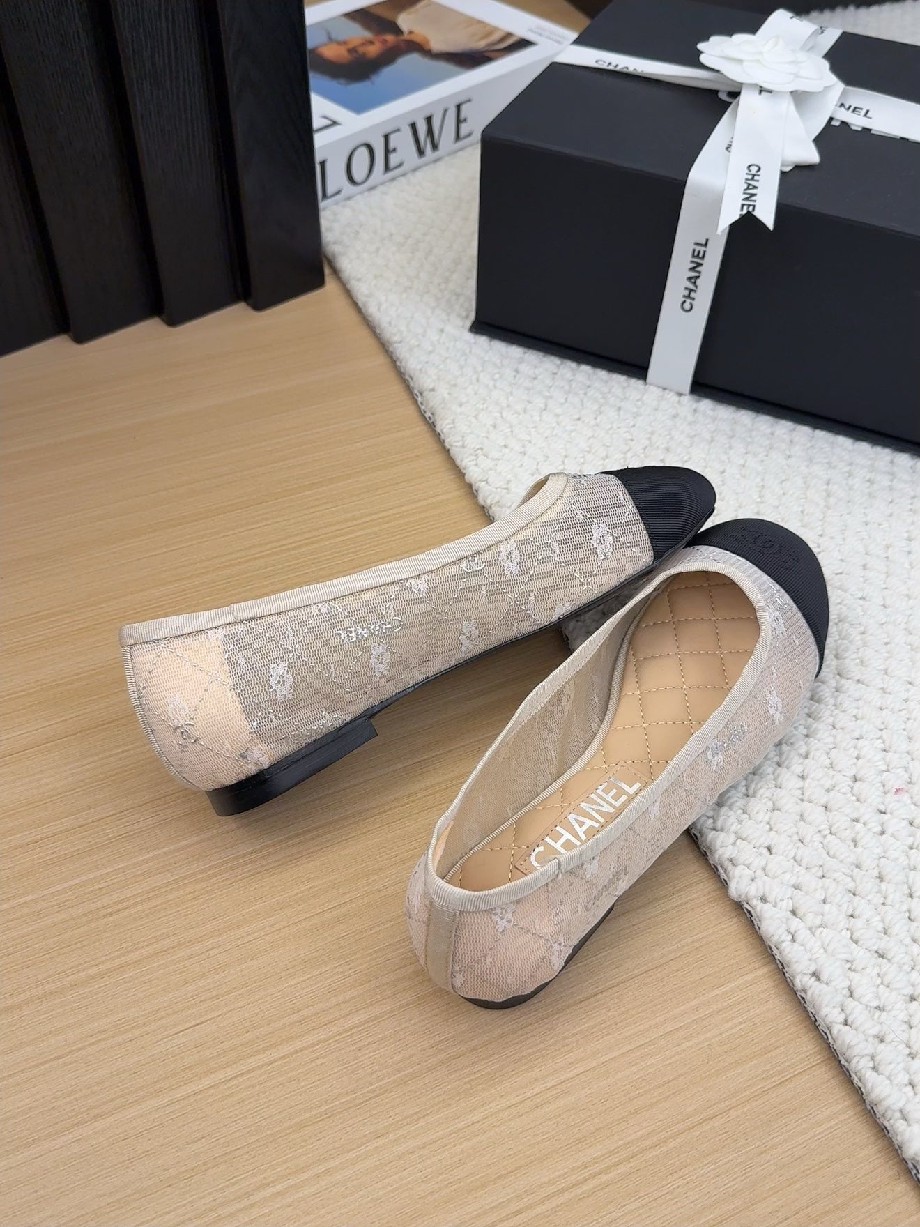 BALLET FLAT IN BLACK FABRIC AND WHITE MESH - 34