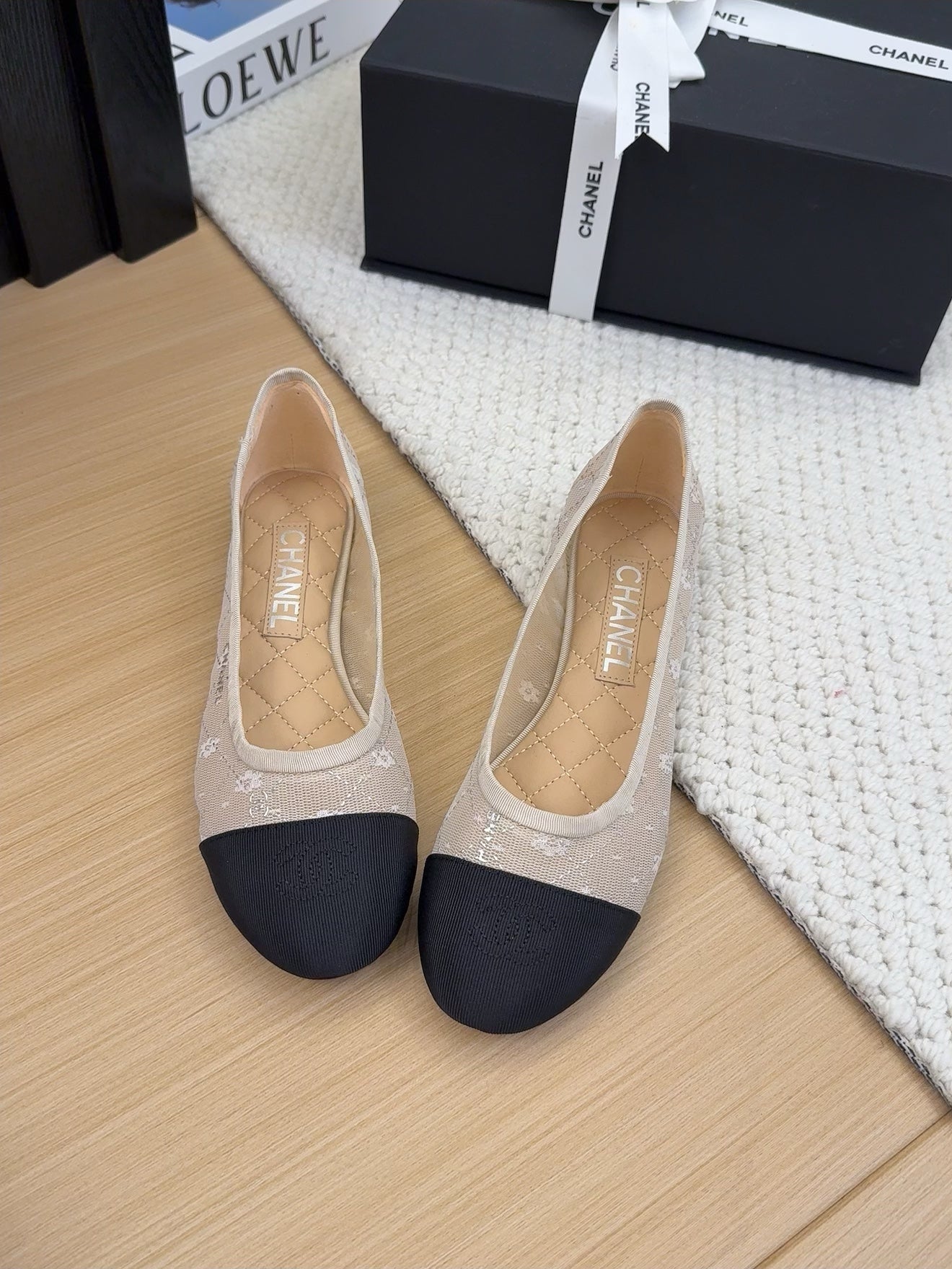 BALLET FLAT IN BLACK FABRIC AND WHITE MESH - 34