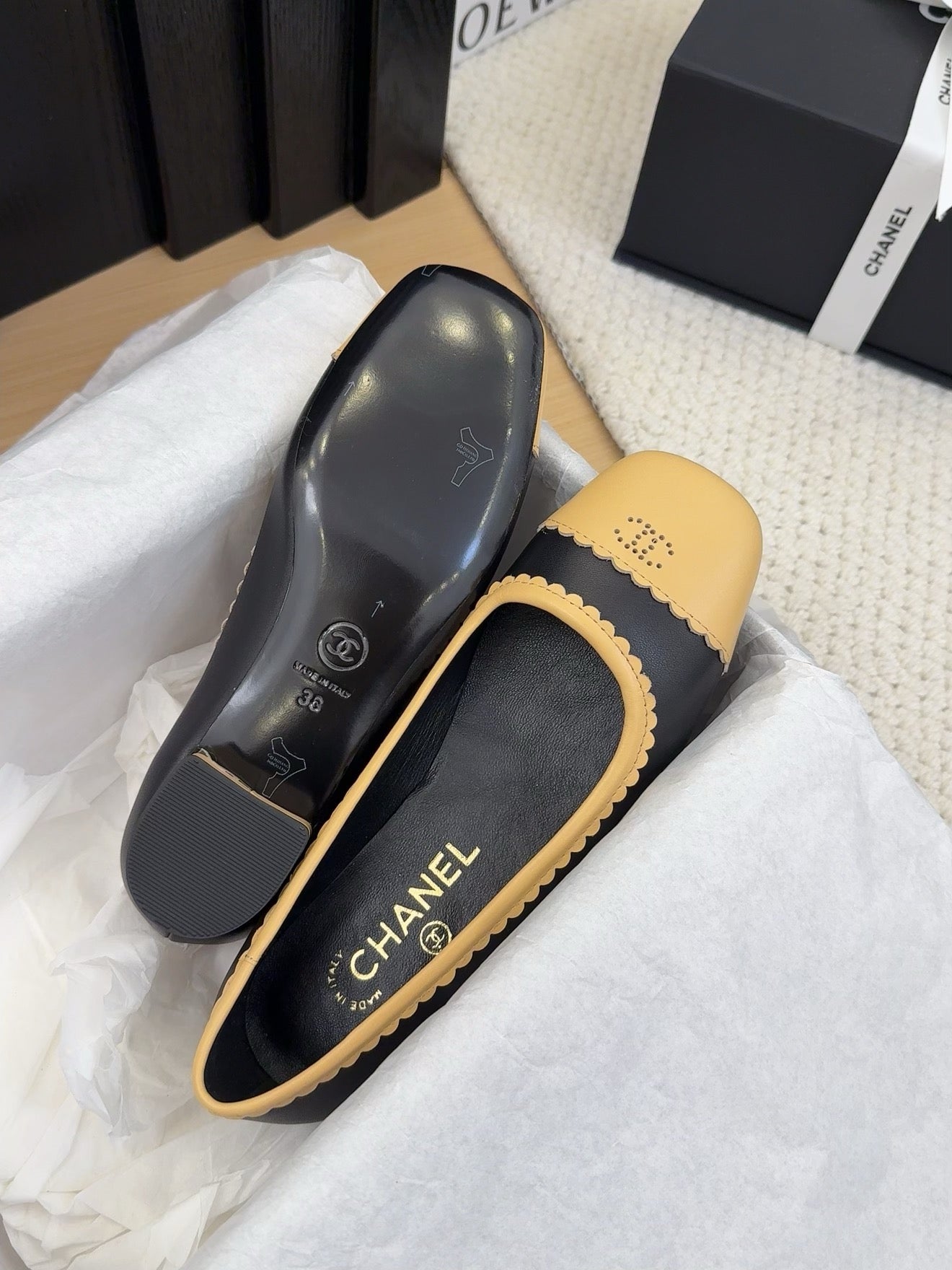 BALLET FLAT IN BLACK MIX PEANUT BROWN CALFSKIN - 34