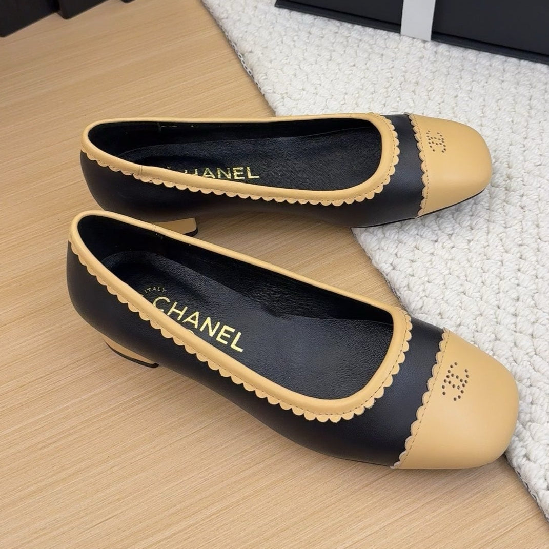 BALLET FLAT IN BLACK MIX PEANUT BROWN CALFSKIN - 34