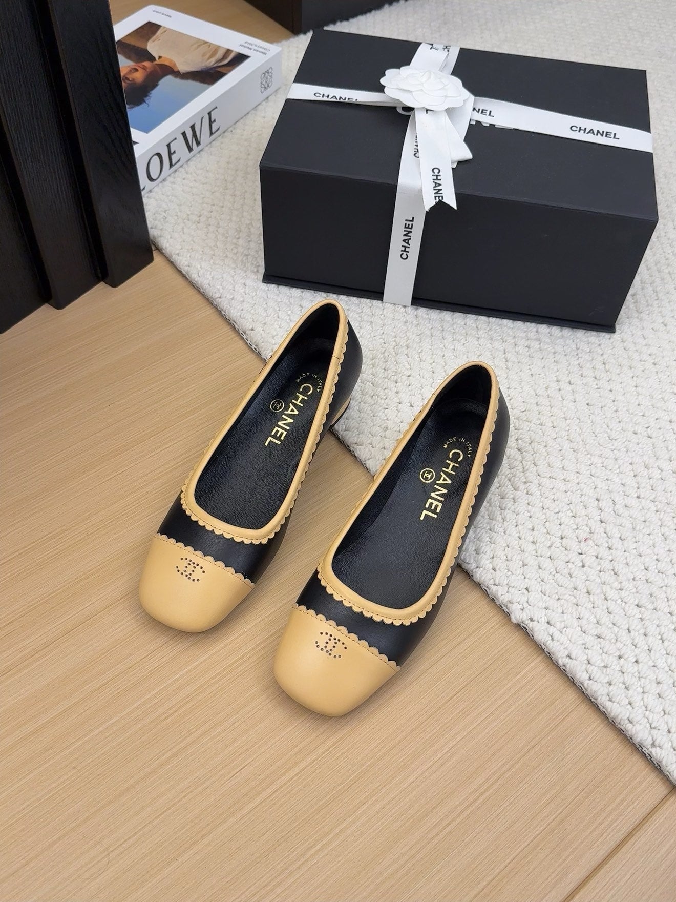 BALLET FLAT IN BLACK MIX PEANUT BROWN CALFSKIN - 34