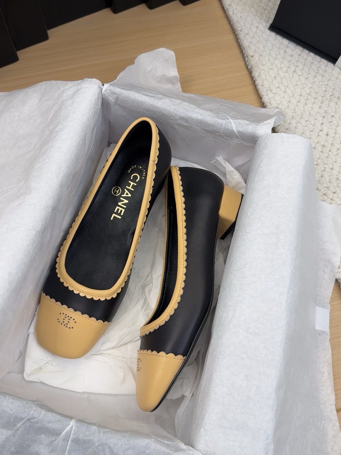 BALLET FLAT IN BLACK MIX PEANUT BROWN CALFSKIN - 34