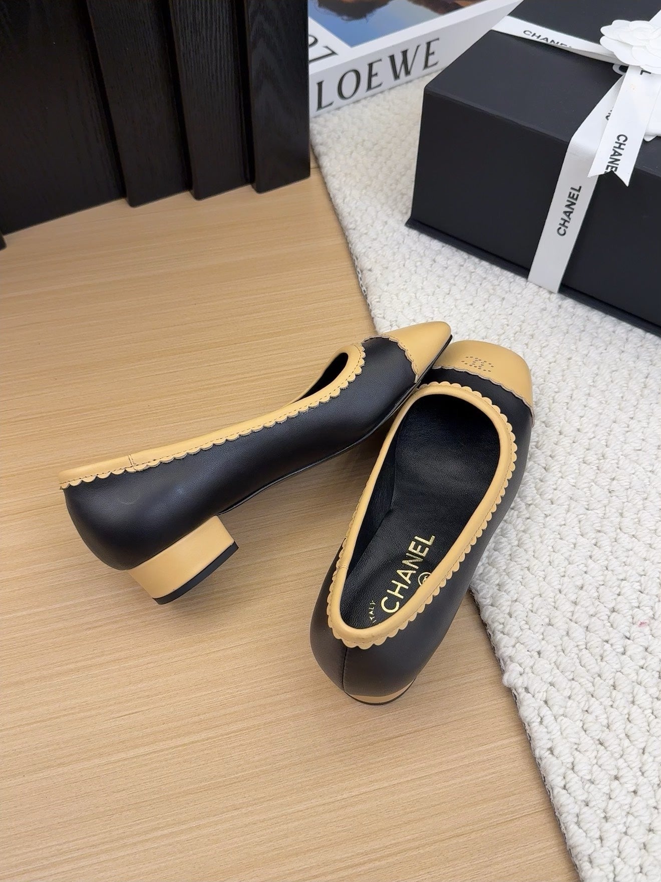 BALLET FLAT IN BLACK MIX PEANUT BROWN CALFSKIN - 34