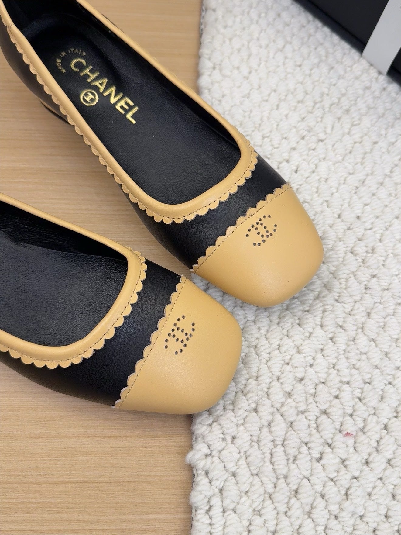 BALLET FLAT IN BLACK MIX PEANUT BROWN CALFSKIN - 34