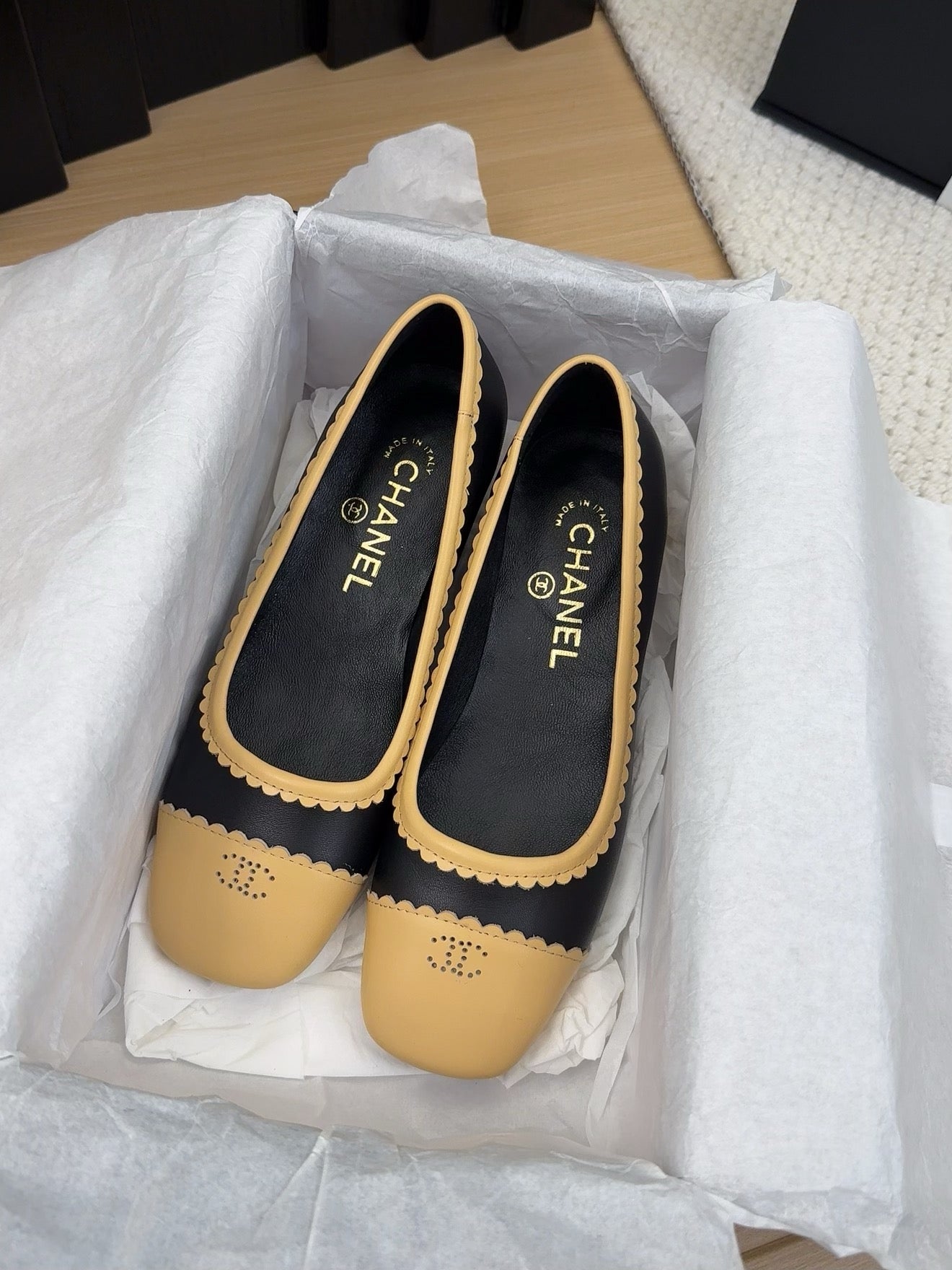 BALLET FLAT IN BLACK MIX PEANUT BROWN CALFSKIN - 34