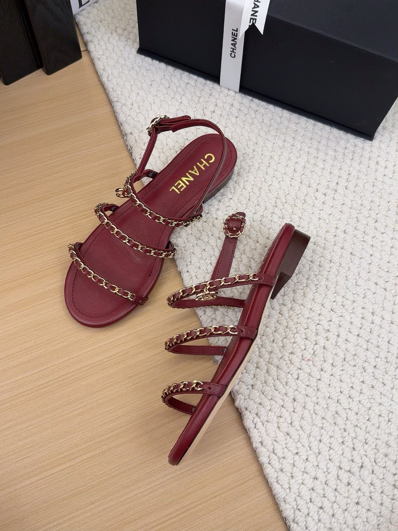 THREE-STRAPS SANDALS IN JAM RED CALFSKIN WITH GOLD HARDWARE - 34