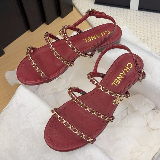 THREE-STRAPS SANDALS IN JAM RED CALFSKIN WITH GOLD HARDWARE - 34