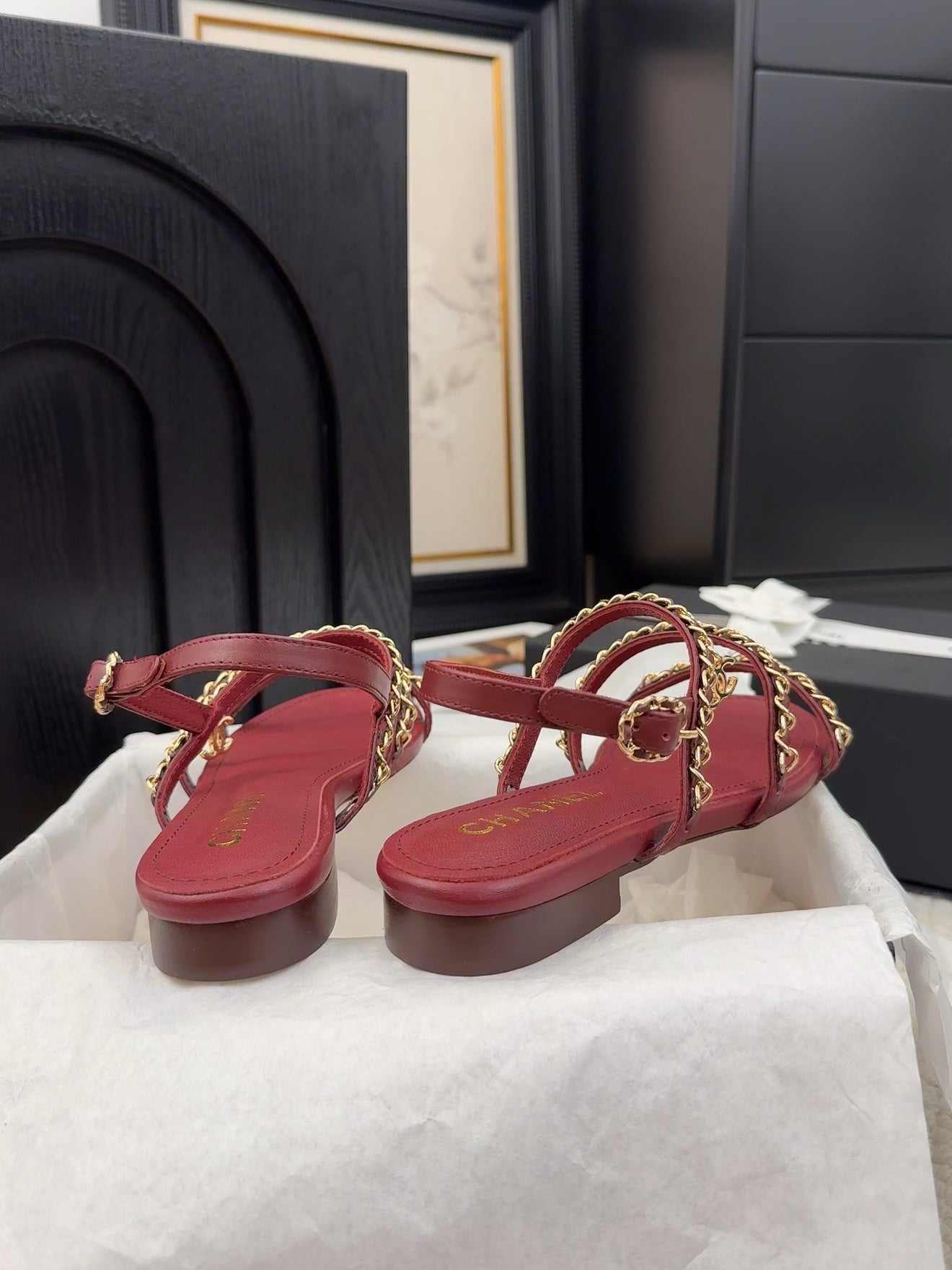 THREE-STRAPS SANDALS IN JAM RED CALFSKIN WITH GOLD HARDWARE - 34