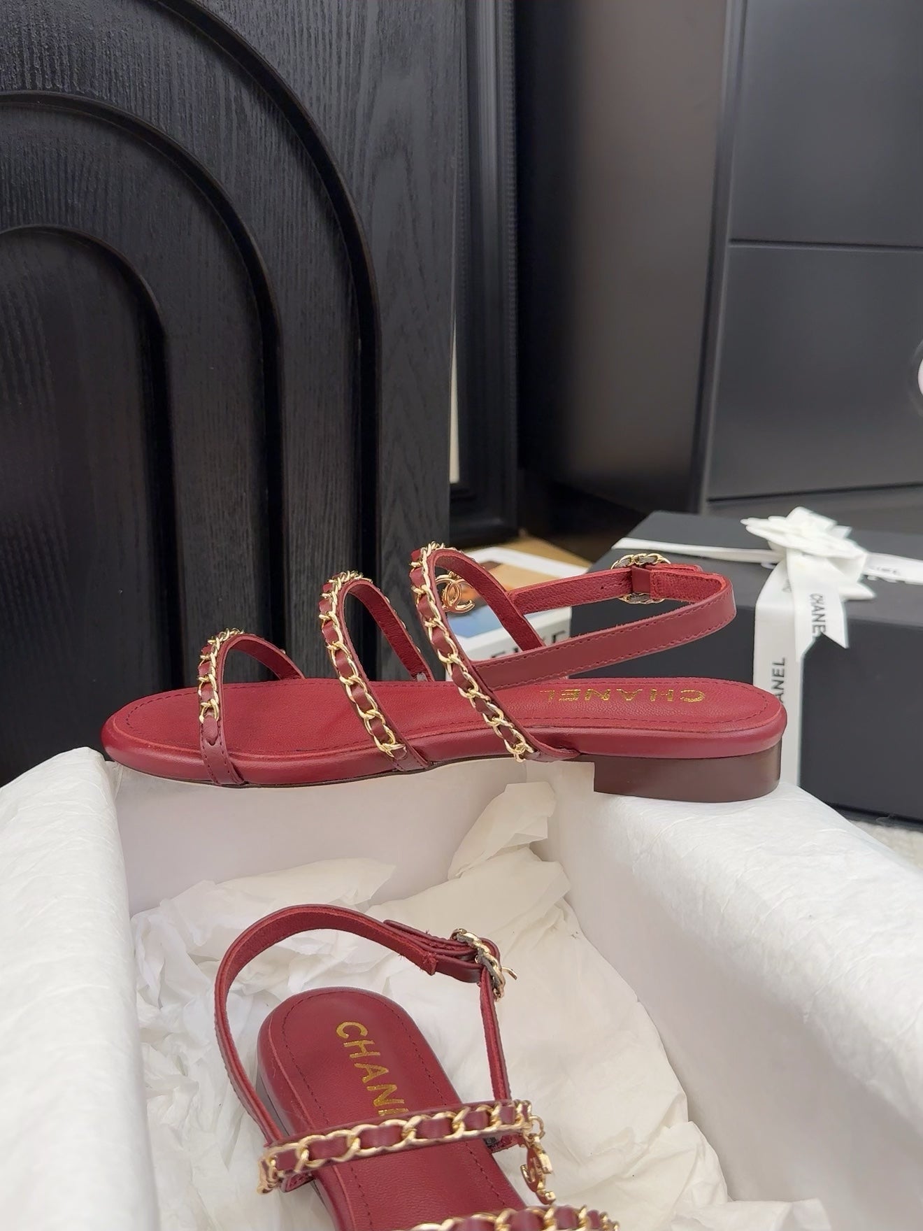 THREE-STRAPS SANDALS IN JAM RED CALFSKIN WITH GOLD HARDWARE - 34