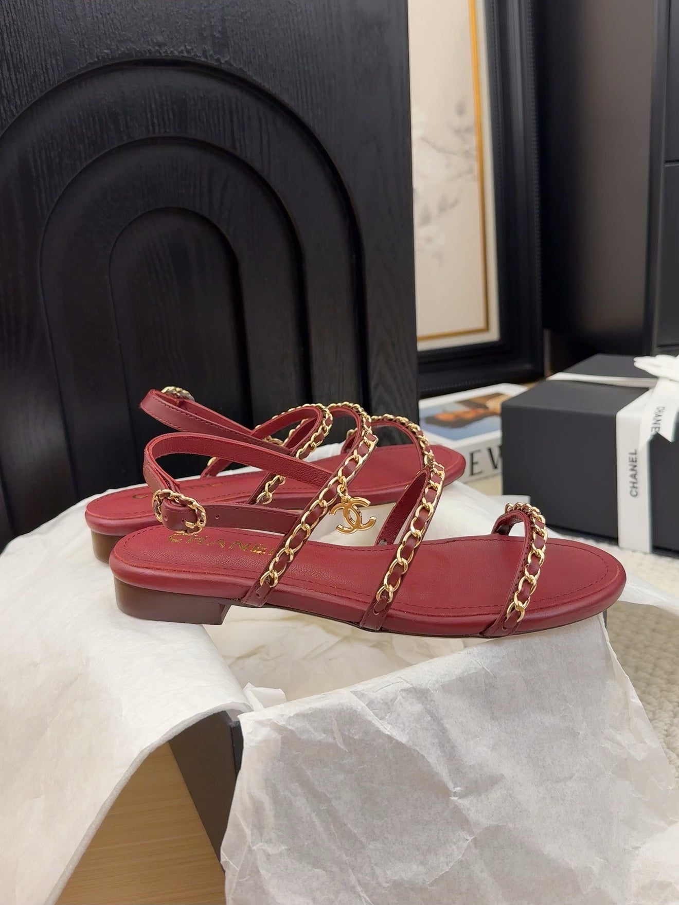 THREE-STRAPS SANDALS IN JAM RED CALFSKIN WITH GOLD HARDWARE - 34