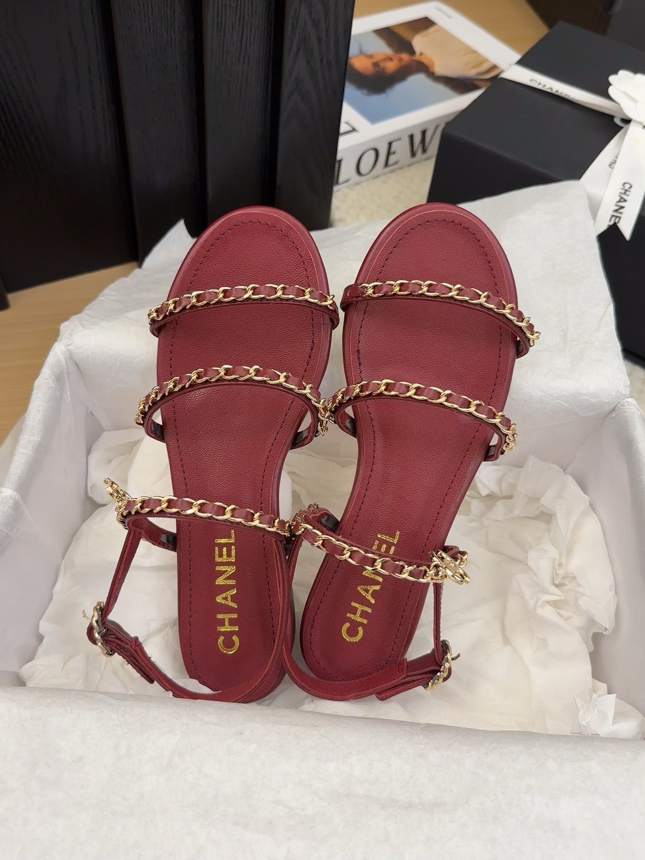 THREE-STRAPS SANDALS IN JAM RED CALFSKIN WITH GOLD HARDWARE - 34