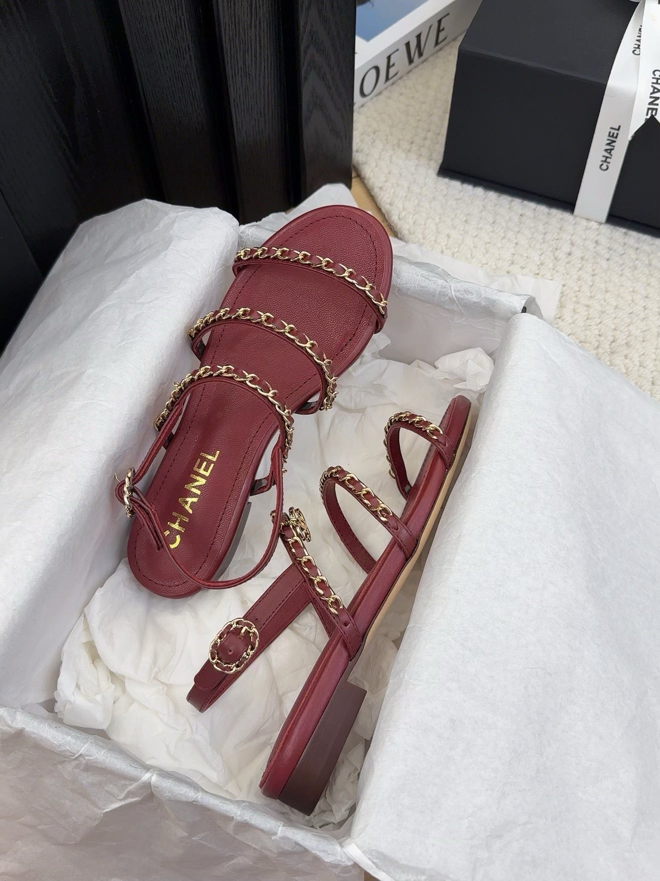 THREE-STRAPS SANDALS IN JAM RED CALFSKIN WITH GOLD HARDWARE - 34