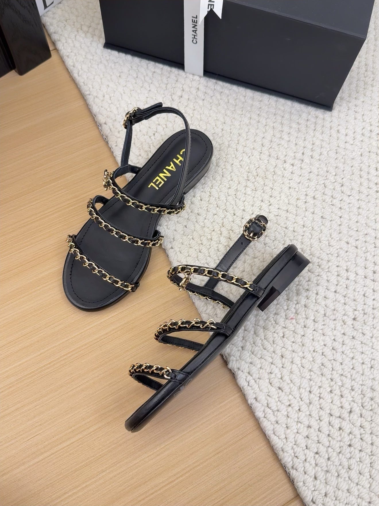 THREE-STRAPS SANDALS IN BLACK CALFSKIN WITH GOLD HARDWARE - 34