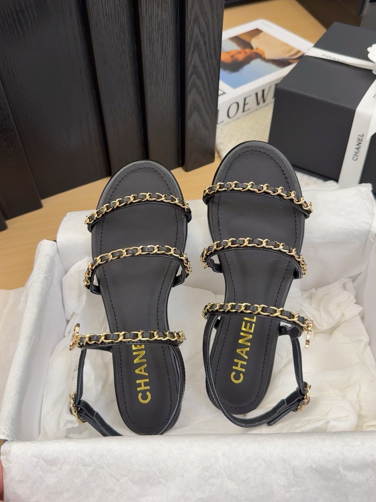 THREE-STRAPS SANDALS IN BLACK CALFSKIN WITH GOLD HARDWARE - 34