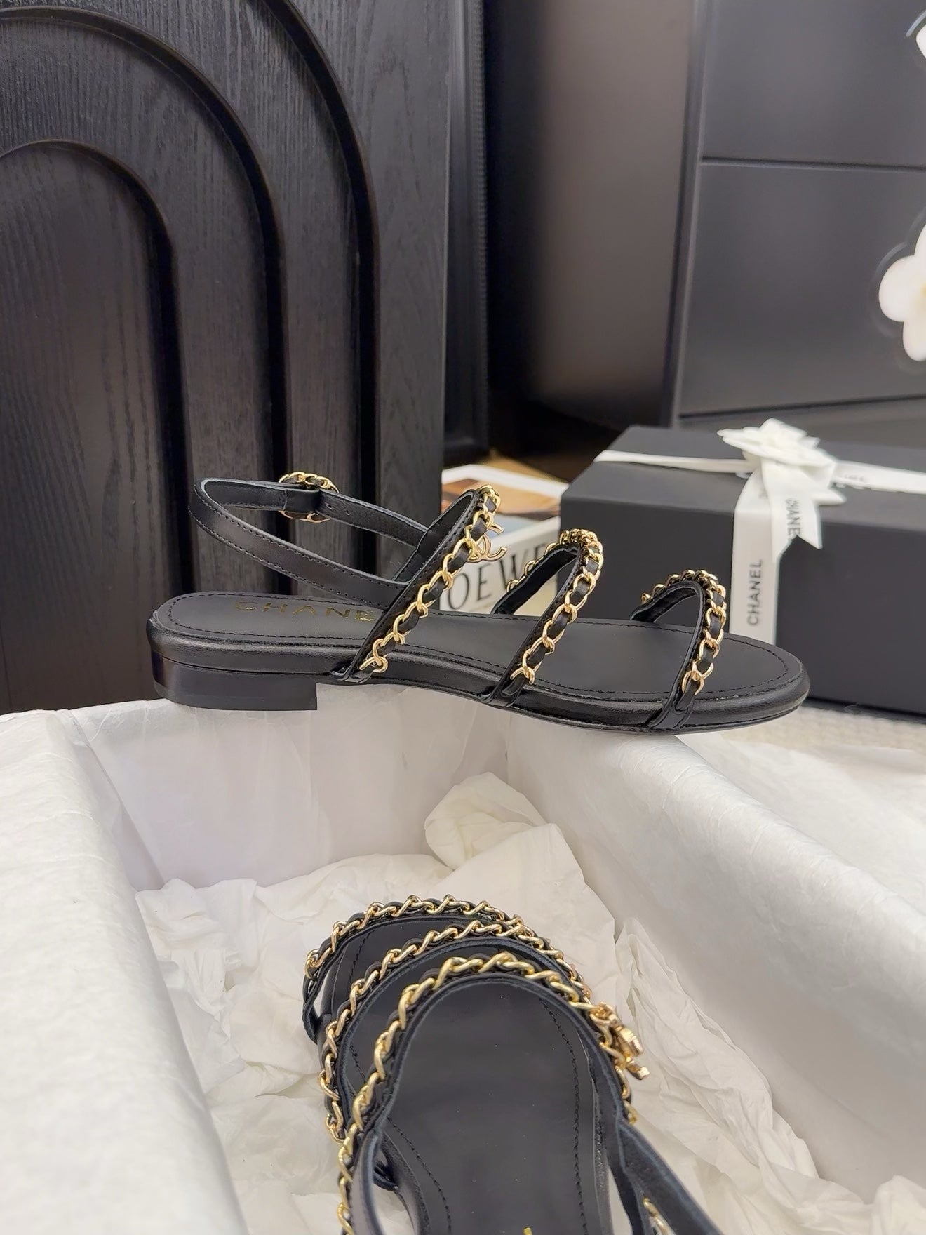 THREE-STRAPS SANDALS IN BLACK CALFSKIN WITH GOLD HARDWARE - 34