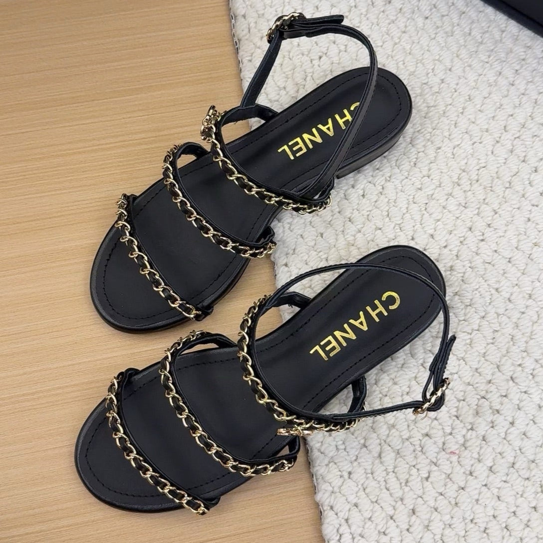THREE-STRAPS SANDALS IN BLACK CALFSKIN WITH GOLD HARDWARE - 34