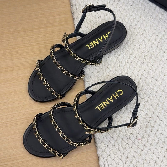 THREE-STRAPS SANDALS IN BLACK CALFSKIN WITH GOLD HARDWARE - 34