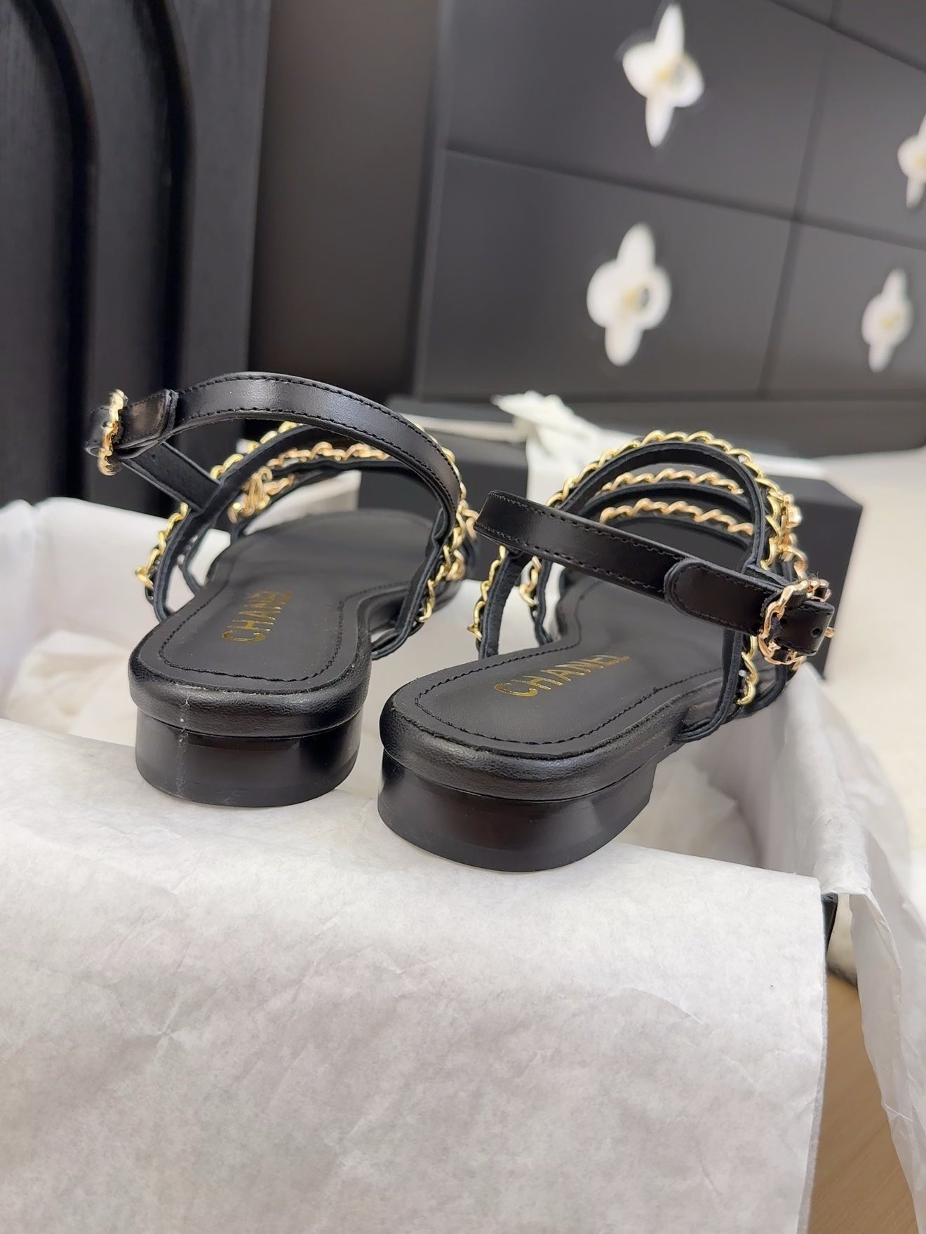 THREE-STRAPS SANDALS IN BLACK CALFSKIN WITH GOLD HARDWARE - 34