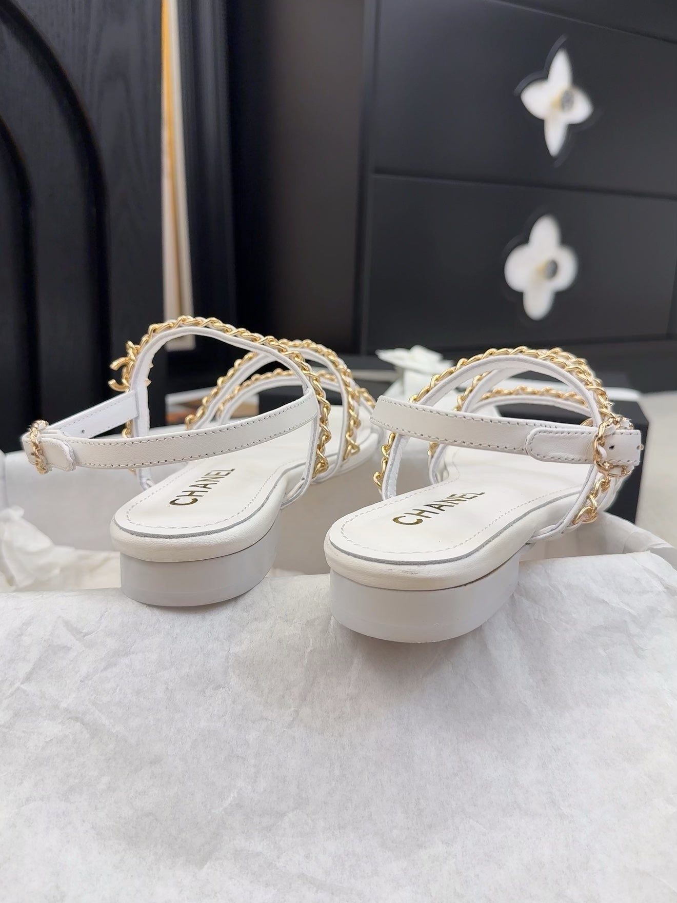 THREE-STRAPS SANDALS IN WHITE CALFSKIN WITH GOLD HARDWARE - 34