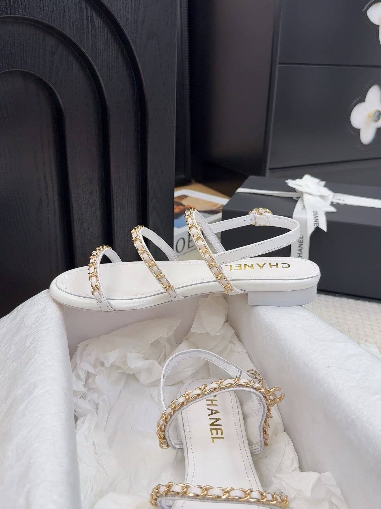 THREE-STRAPS SANDALS IN WHITE CALFSKIN WITH GOLD HARDWARE - 34
