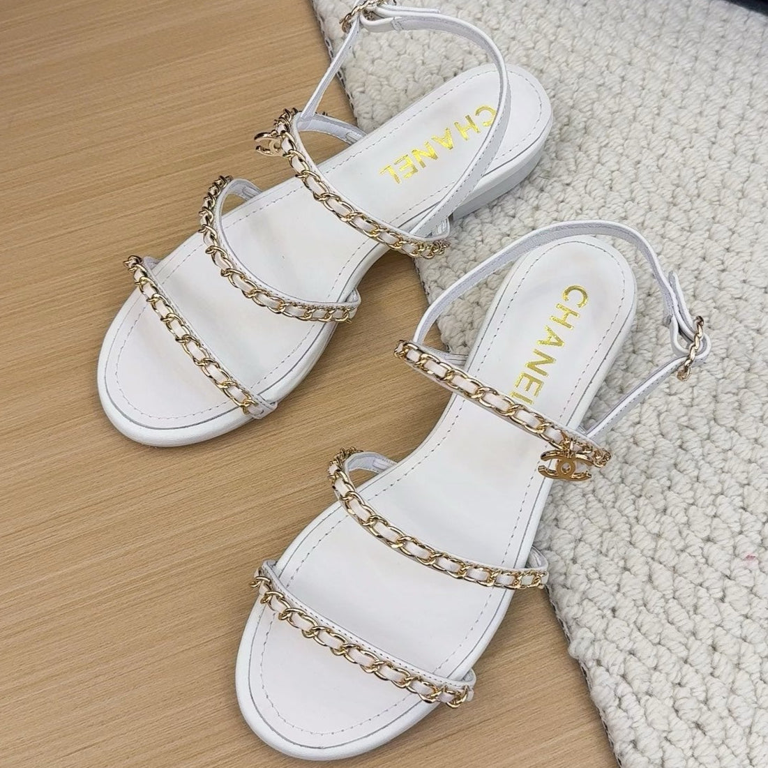 THREE-STRAPS SANDALS IN WHITE CALFSKIN WITH GOLD HARDWARE - 34