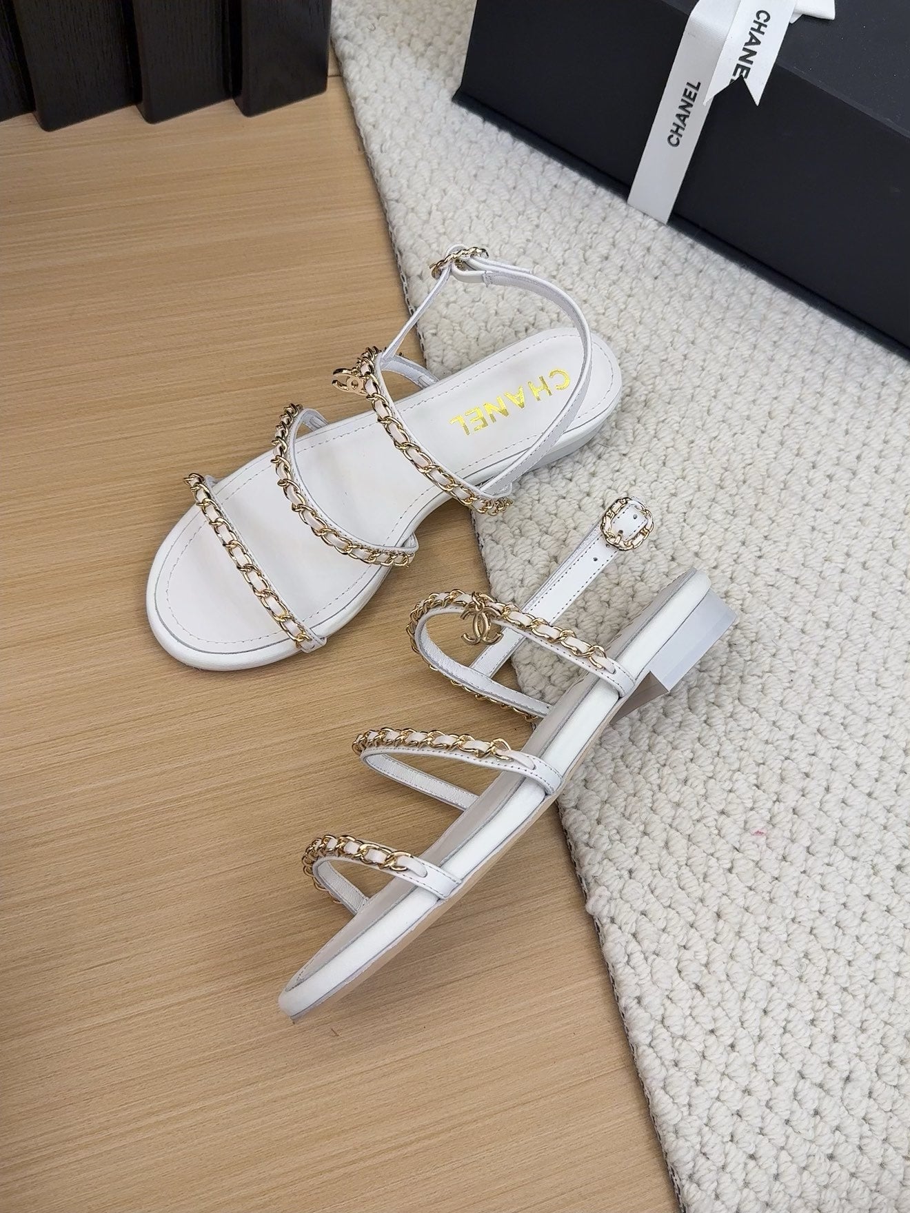 THREE-STRAPS SANDALS IN WHITE CALFSKIN WITH GOLD HARDWARE - 34