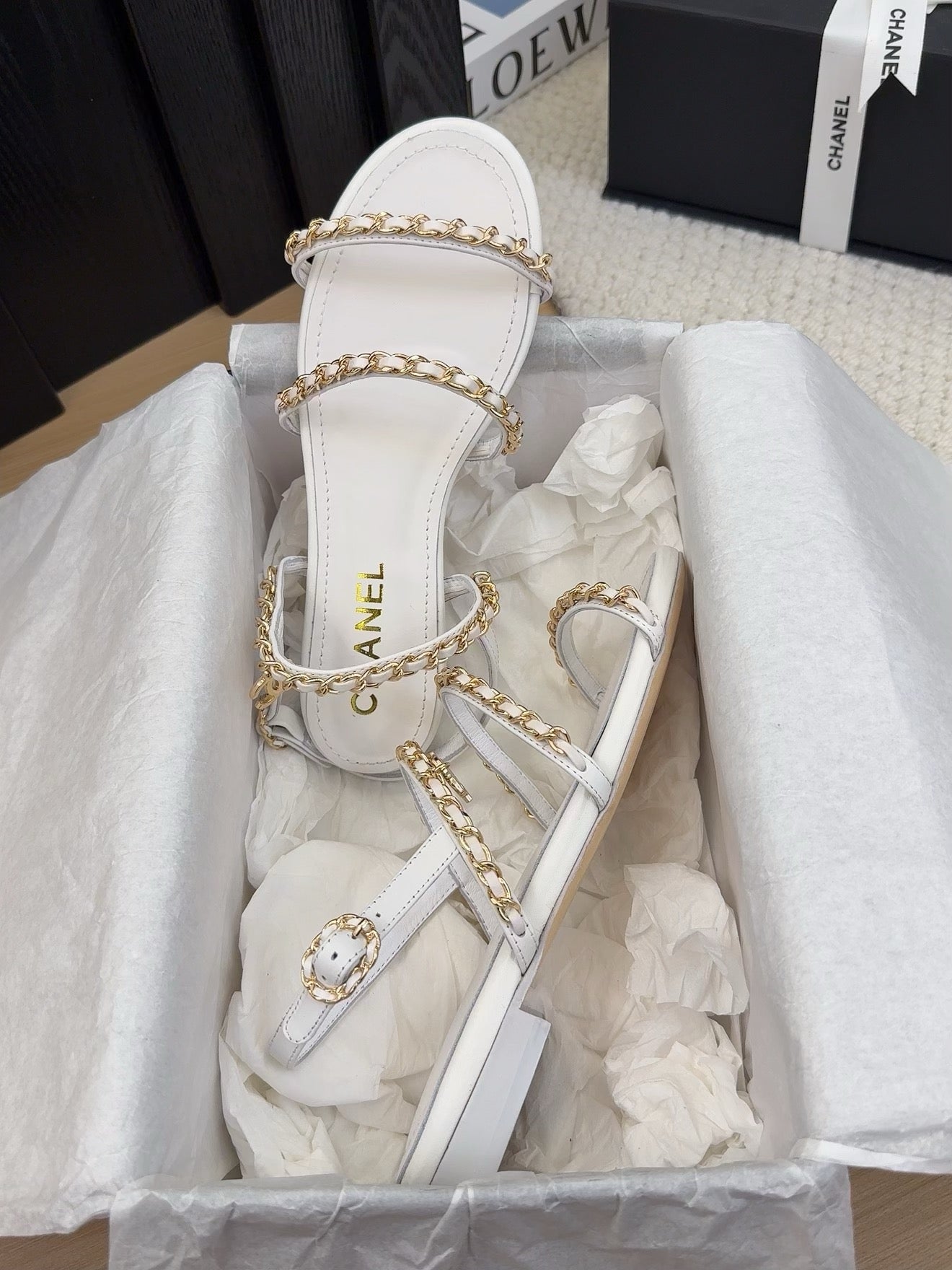 THREE-STRAPS SANDALS IN WHITE CALFSKIN WITH GOLD HARDWARE - 34
