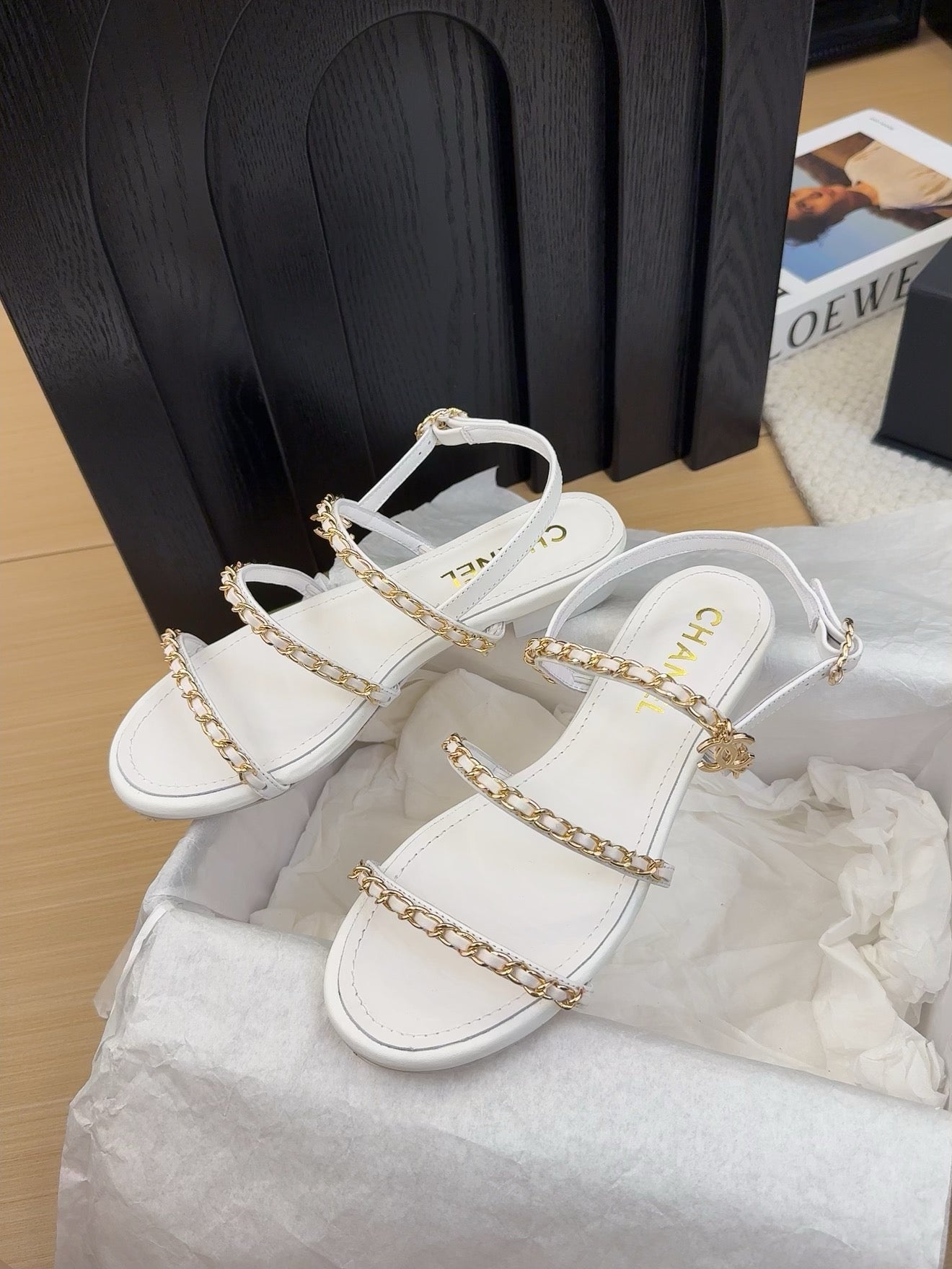 THREE-STRAPS SANDALS IN WHITE CALFSKIN WITH GOLD HARDWARE - 34