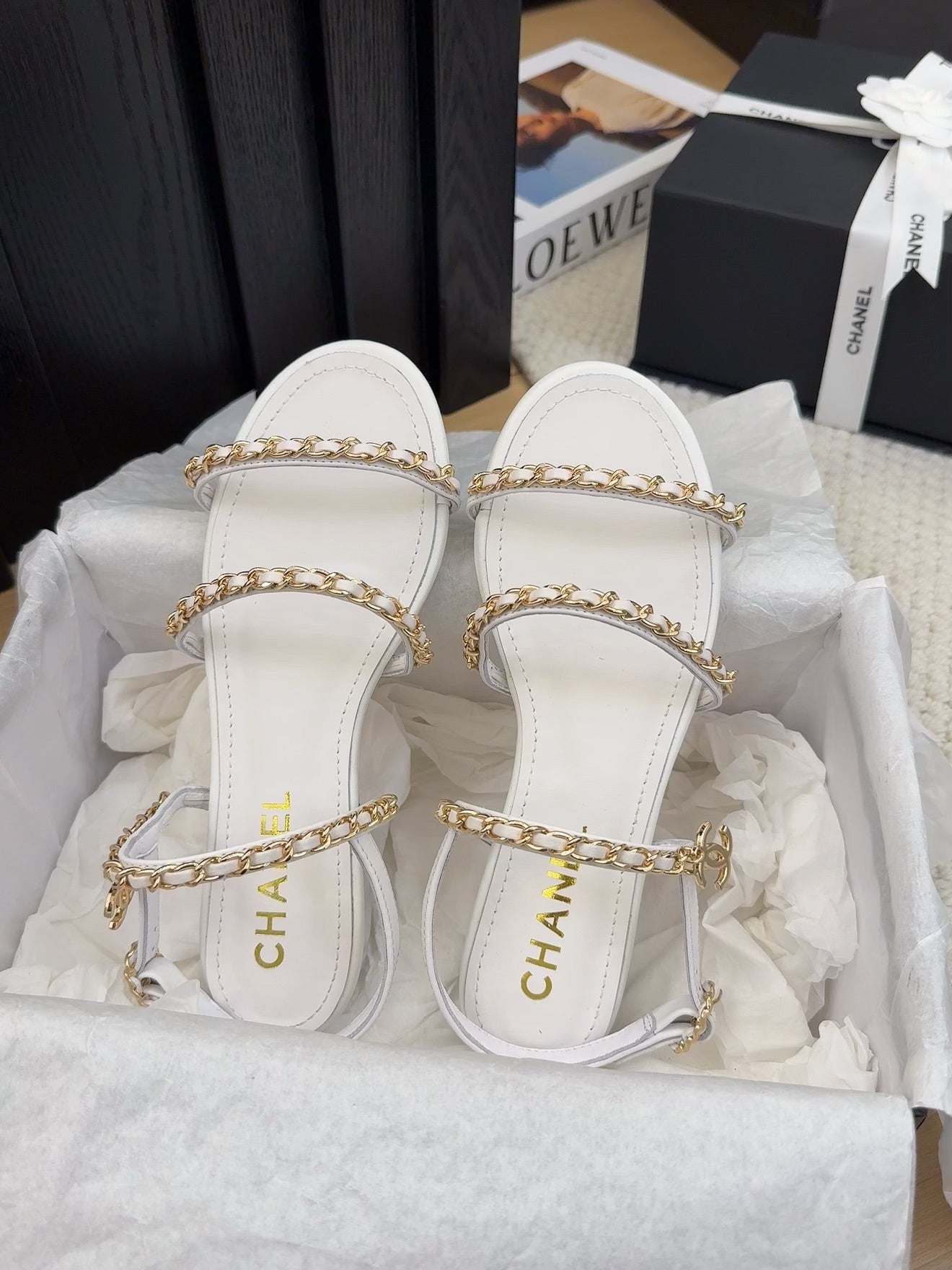 THREE-STRAPS SANDALS IN WHITE CALFSKIN WITH GOLD HARDWARE - 34