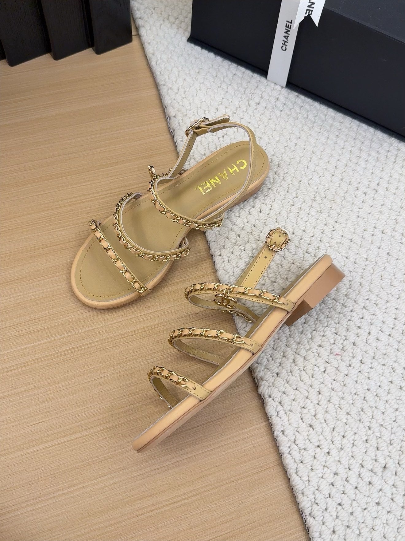 THREE-STRAPS SANDALS IN SAND YELLOW CALFSKIN WITH GOLD HARDWARE - 34