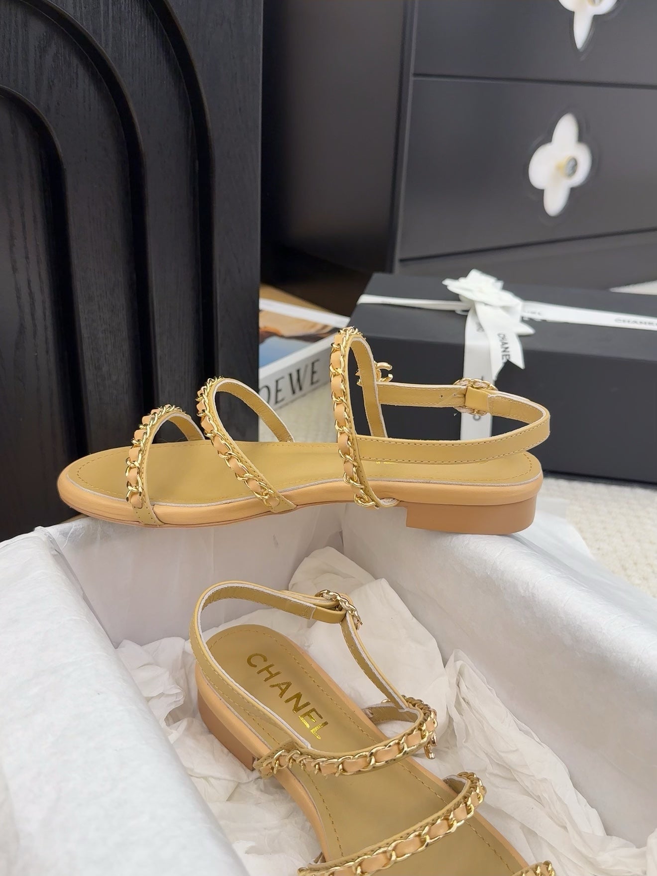 THREE-STRAPS SANDALS IN SAND YELLOW CALFSKIN WITH GOLD HARDWARE - 34