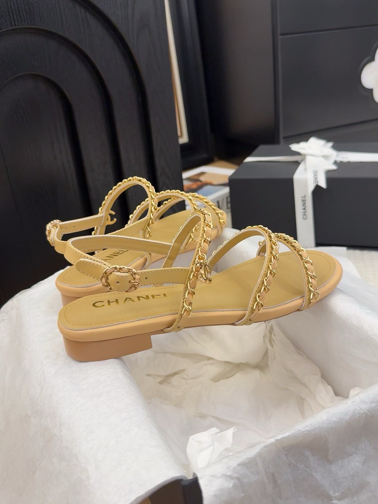 THREE-STRAPS SANDALS IN SAND YELLOW CALFSKIN WITH GOLD HARDWARE - 34