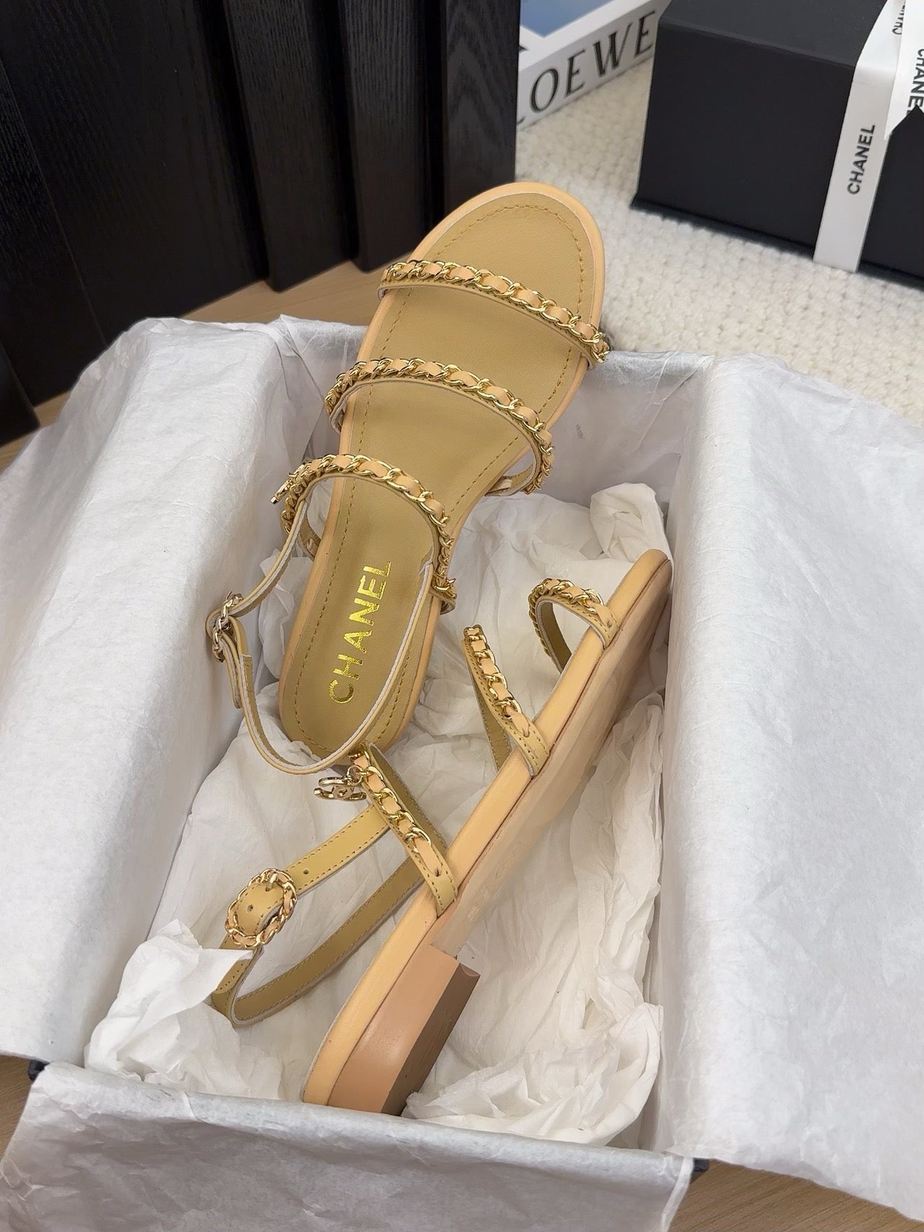 THREE-STRAPS SANDALS IN SAND YELLOW CALFSKIN WITH GOLD HARDWARE - 34
