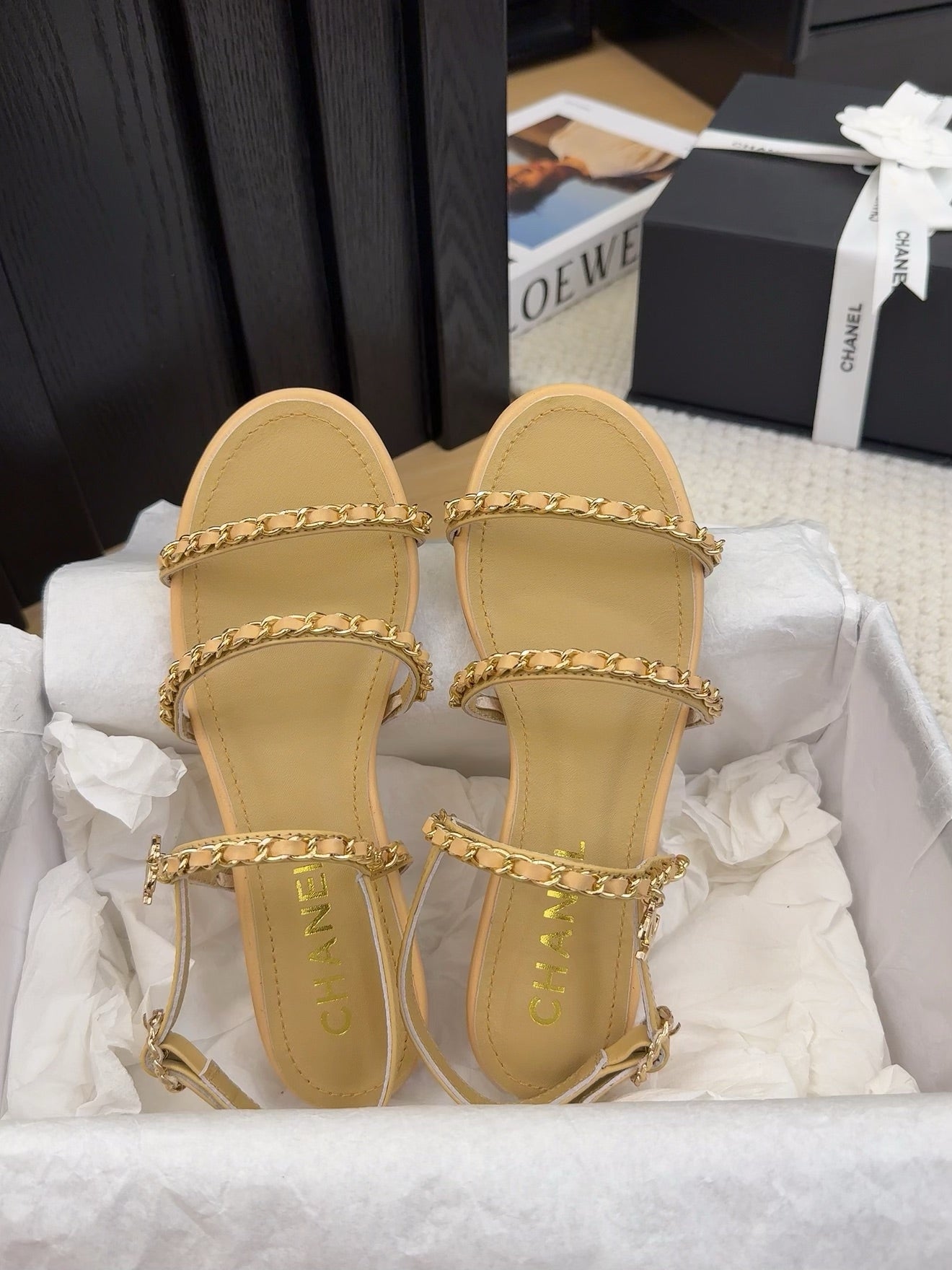 THREE-STRAPS SANDALS IN SAND YELLOW CALFSKIN WITH GOLD HARDWARE - 34