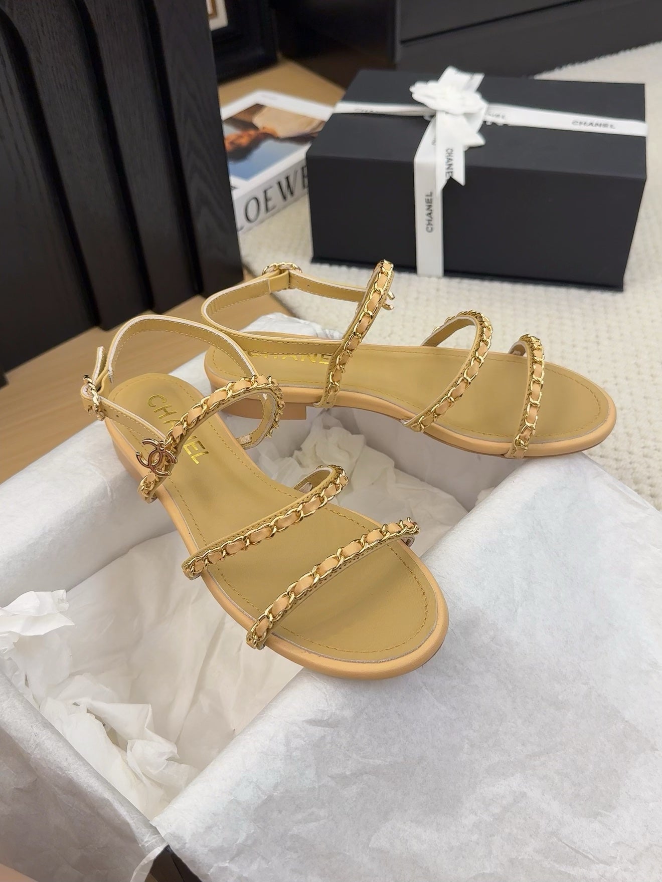 THREE-STRAPS SANDALS IN SAND YELLOW CALFSKIN WITH GOLD HARDWARE - 34