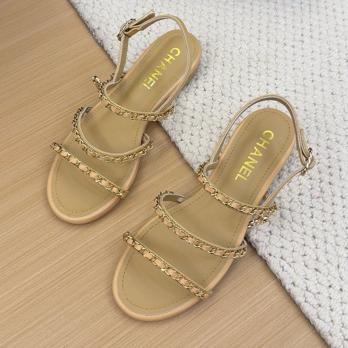 THREE-STRAPS SANDALS IN SAND YELLOW CALFSKIN WITH GOLD HARDWARE - 34
