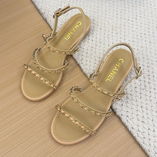 THREE-STRAPS SANDALS IN SAND YELLOW CALFSKIN WITH GOLD HARDWARE - 34