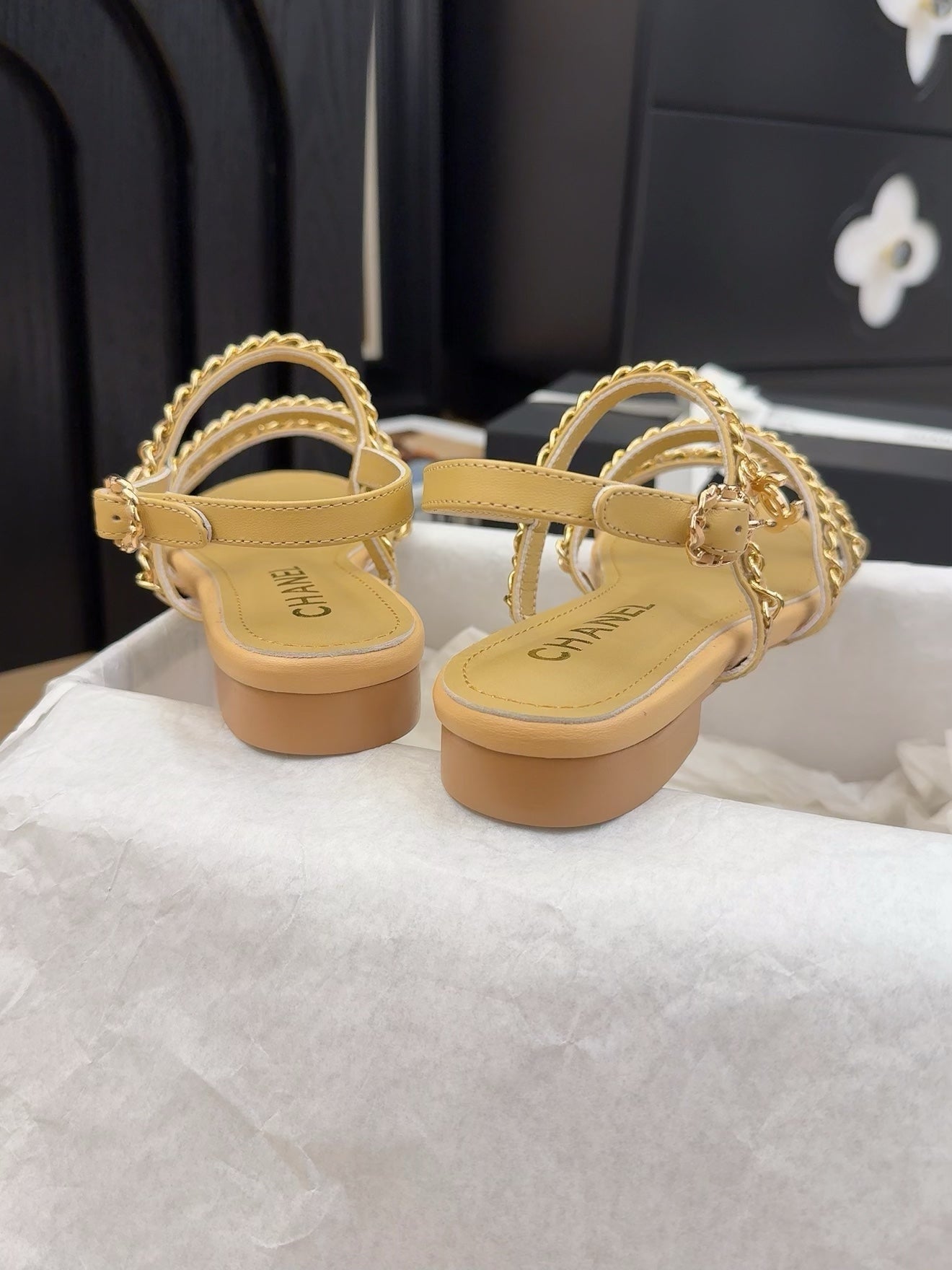 THREE-STRAPS SANDALS IN SAND YELLOW CALFSKIN WITH GOLD HARDWARE - 34