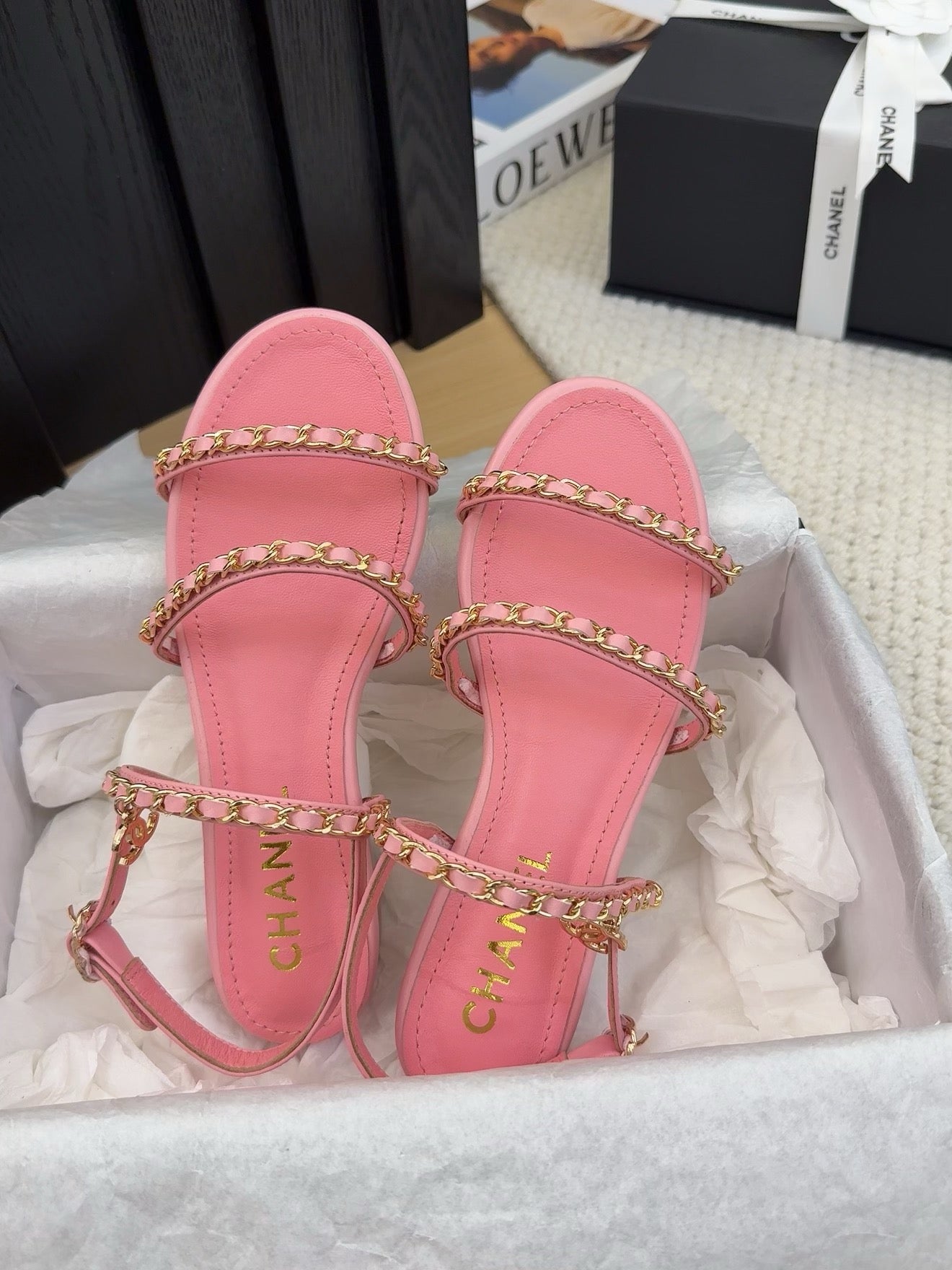 THREE-STRAPS SANDALS IN FLAMINGO PINK CALFSKIN WITH GOLD HARDWARE - 34