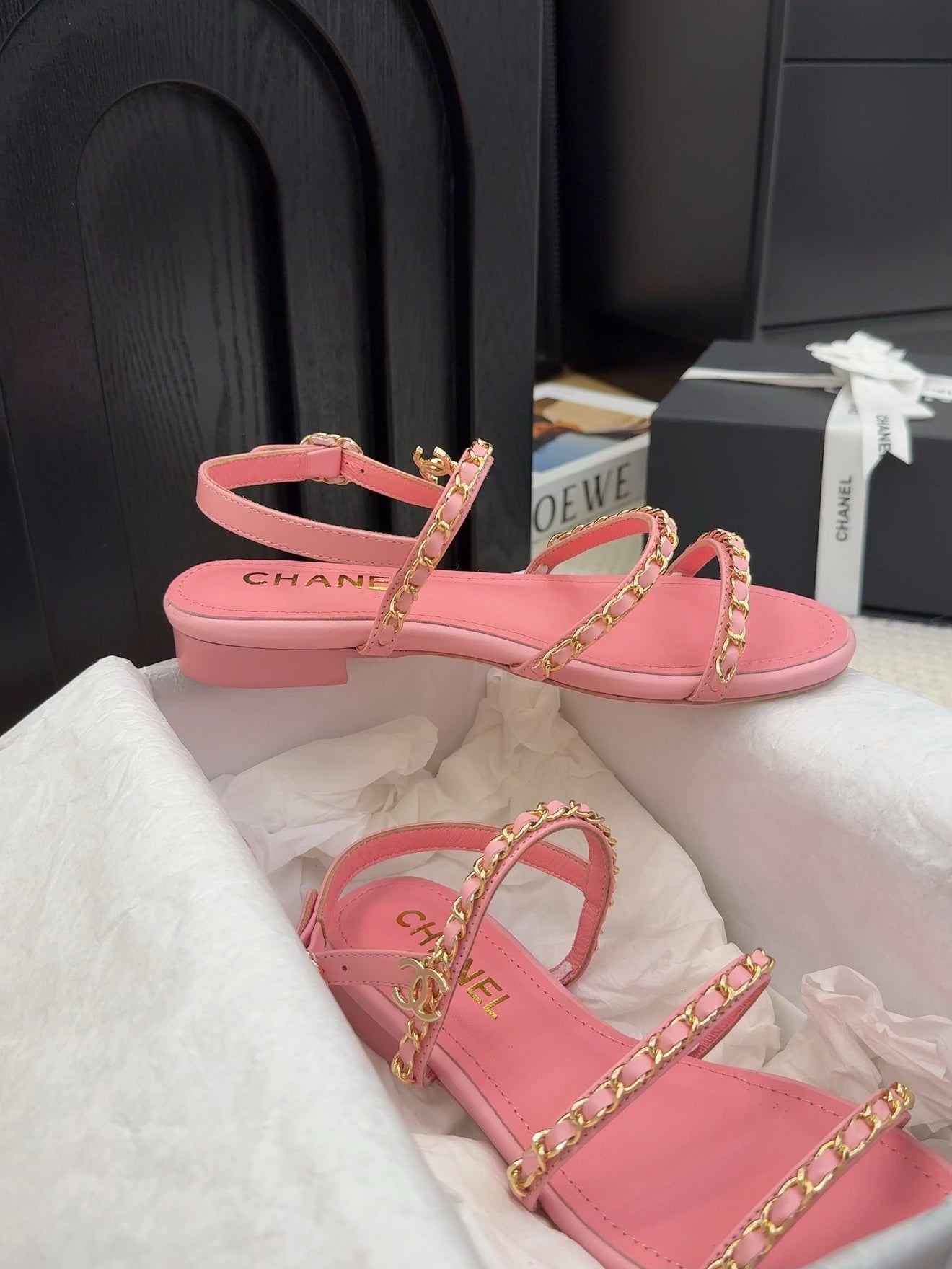 THREE-STRAPS SANDALS IN FLAMINGO PINK CALFSKIN WITH GOLD HARDWARE - 34