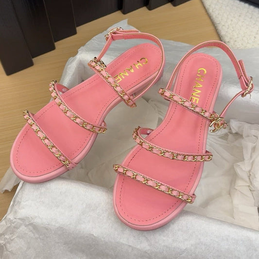 THREE-STRAPS SANDALS IN FLAMINGO PINK CALFSKIN WITH GOLD HARDWARE - 34