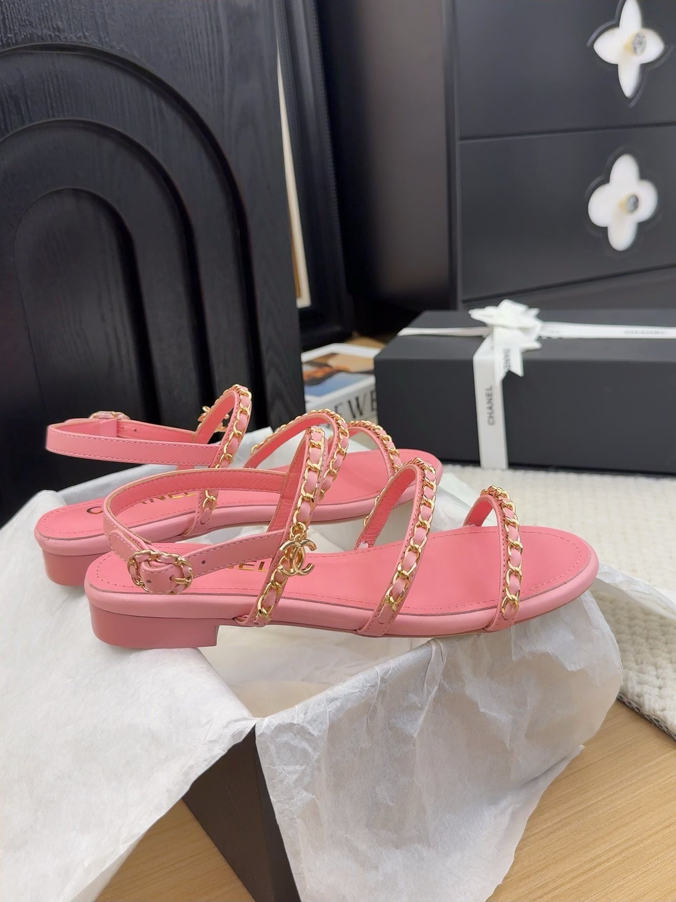 THREE-STRAPS SANDALS IN FLAMINGO PINK CALFSKIN WITH GOLD HARDWARE - 34