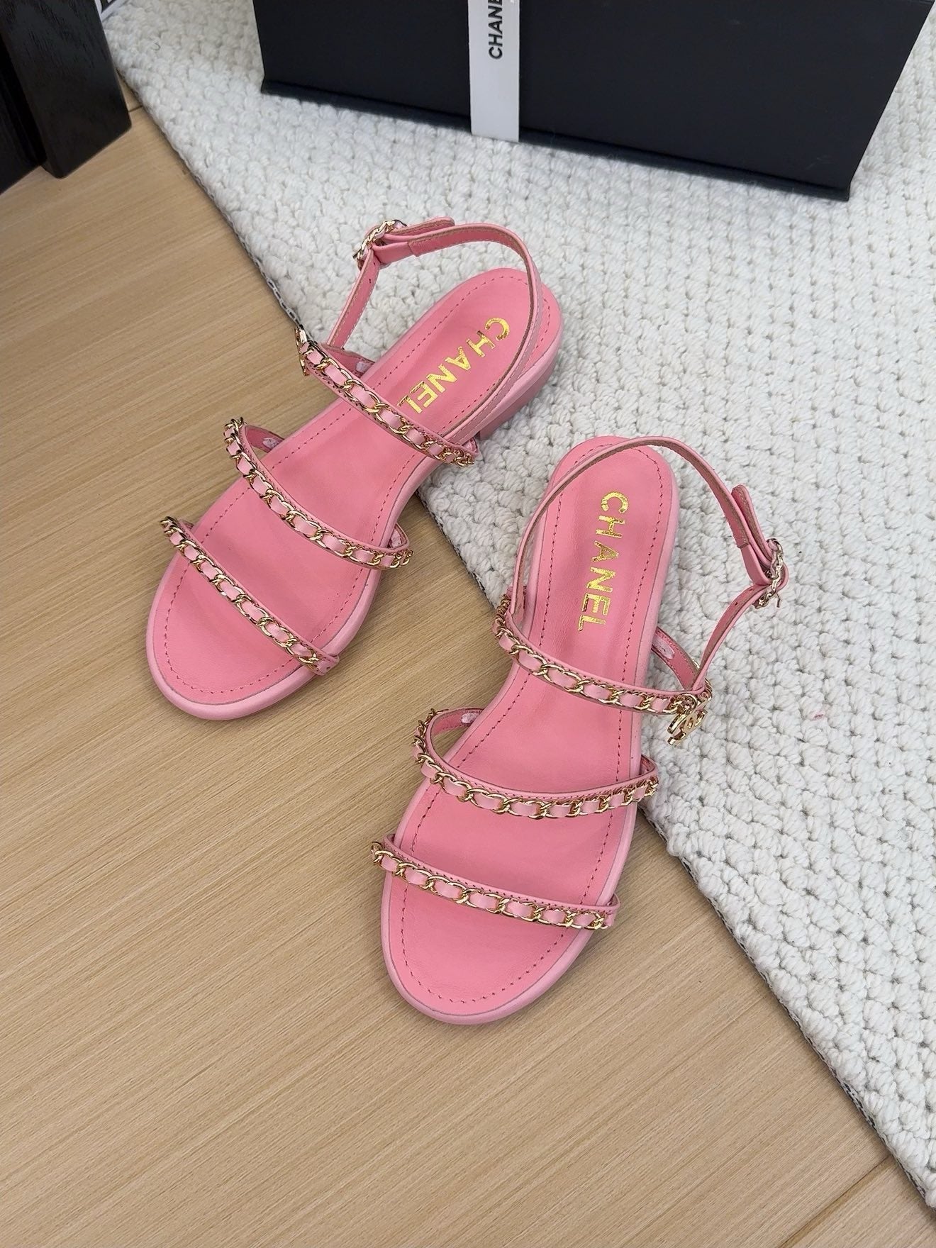 THREE-STRAPS SANDALS IN FLAMINGO PINK CALFSKIN WITH GOLD HARDWARE - 34